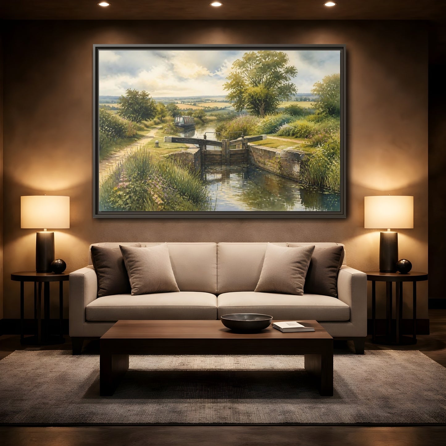 Mockup 2. Lockside Summer Meadow shown as framed canvas print