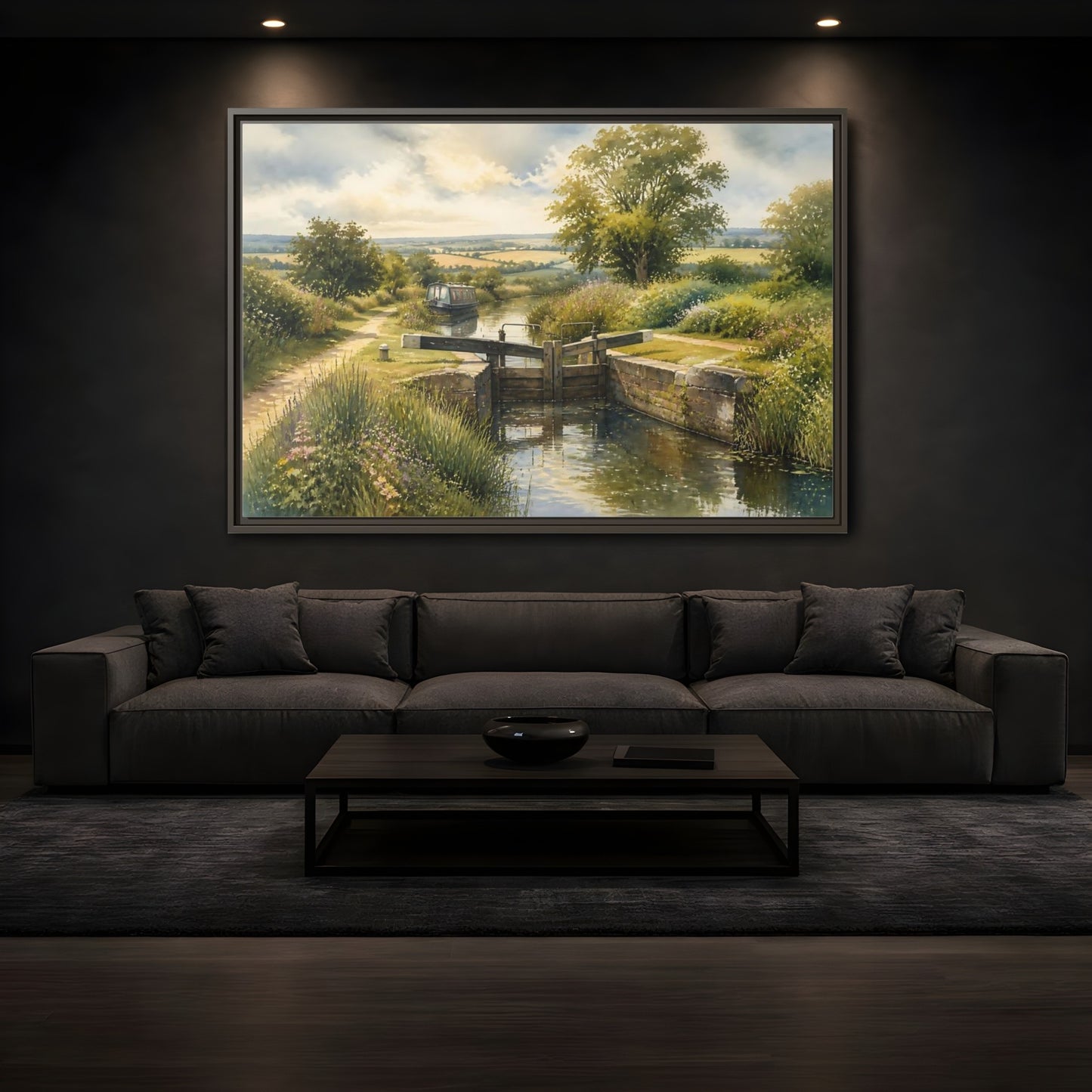Mockup 3. Lockside Summer Meadow shown as framed canvas print