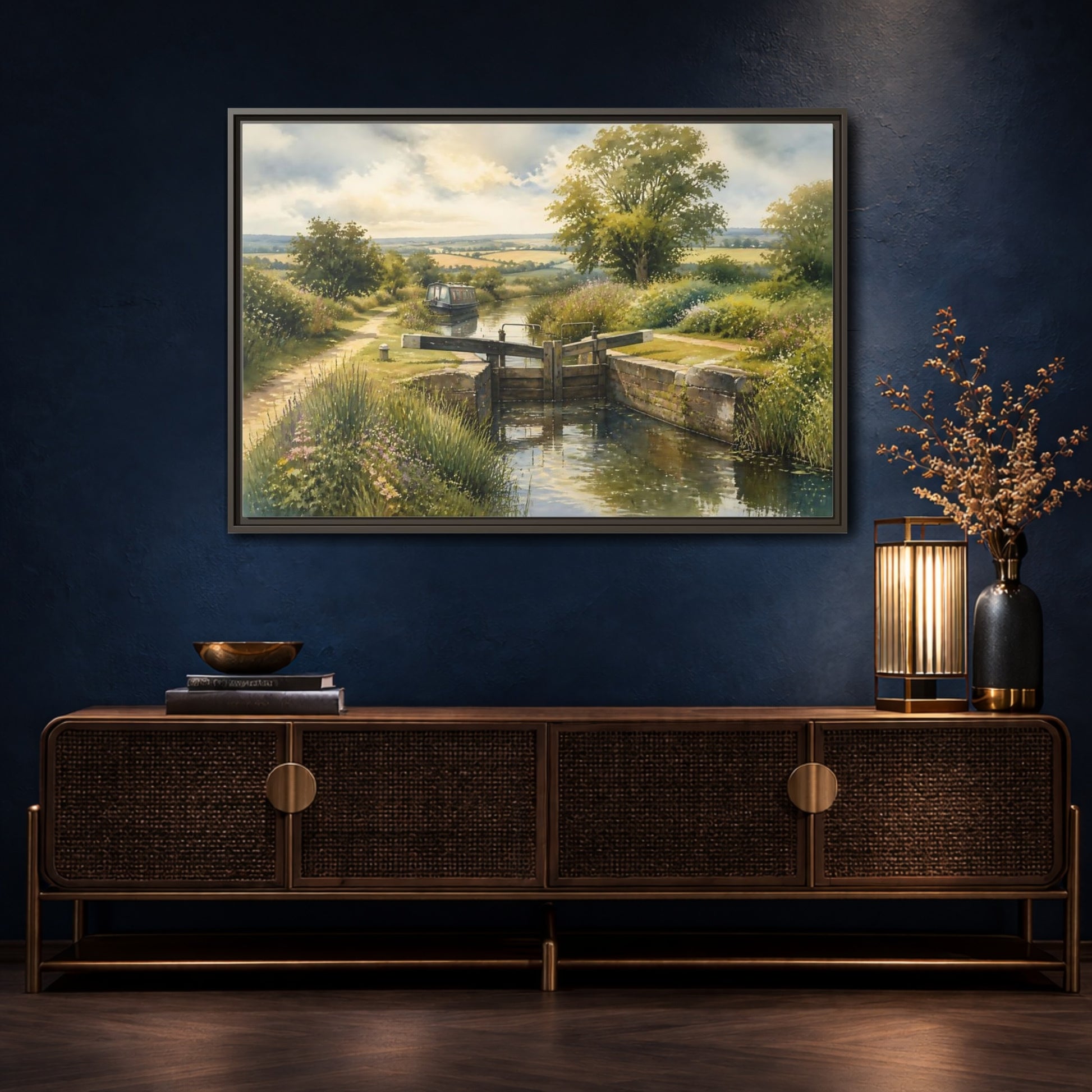 Mockup 4. Lockside Summer Meadow shown as framed canvas print