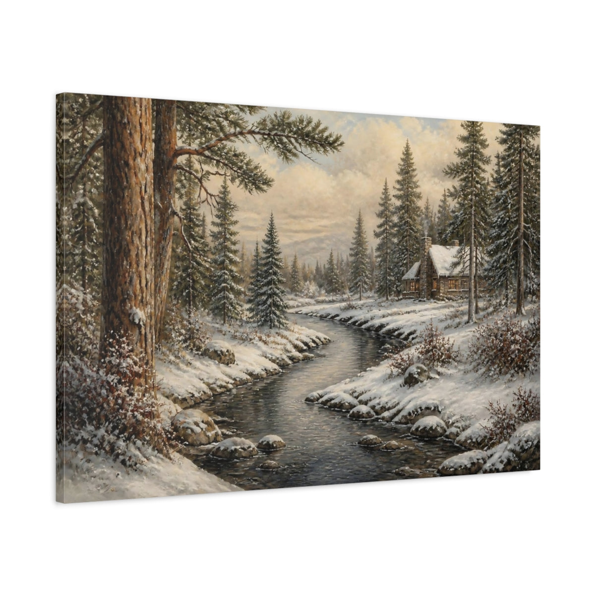 Main Mockup. Log Cabin Countyrside Retreat shown as canvas print