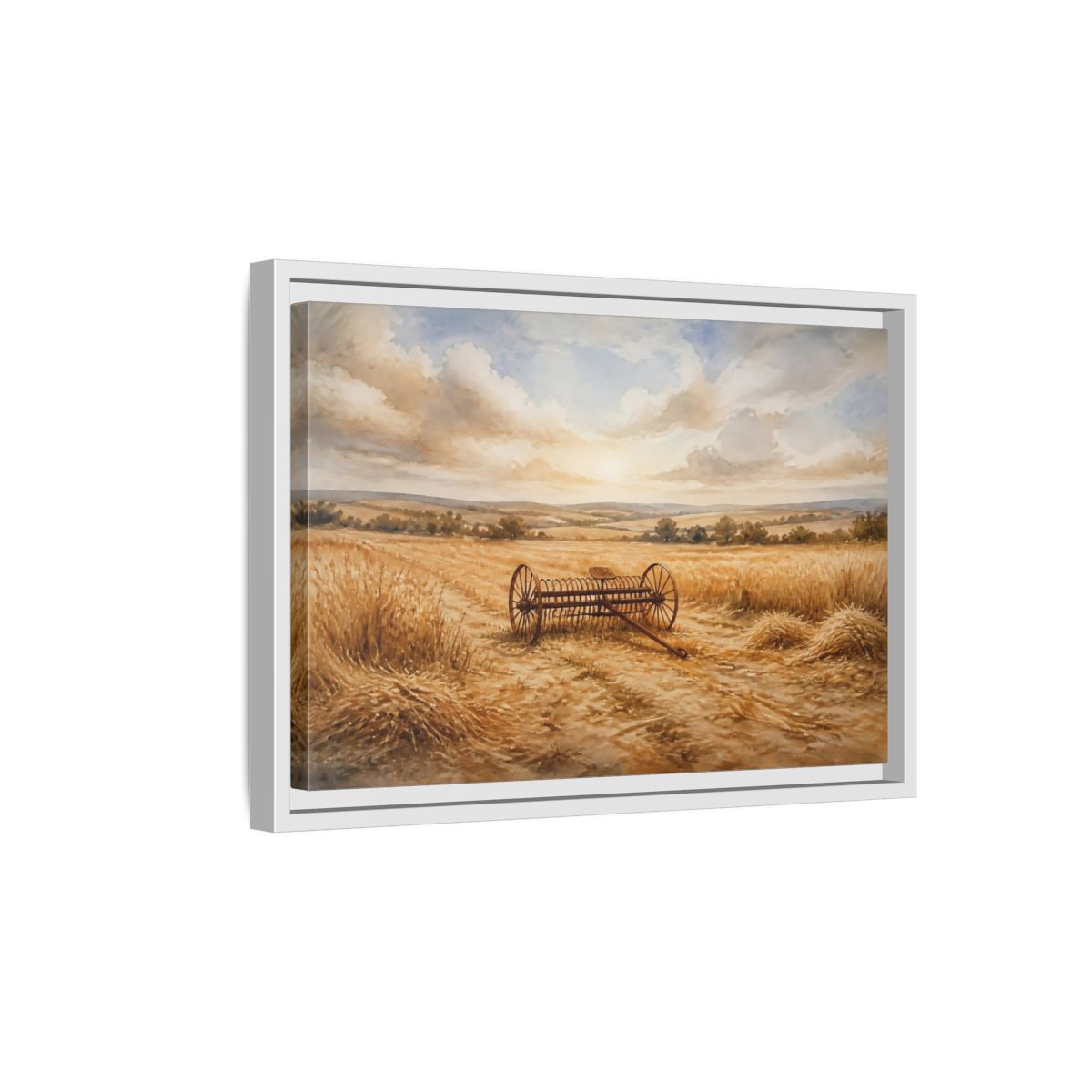 Side Mockup 4. Lone Hay Rake At Harvest shown as framed canvas print