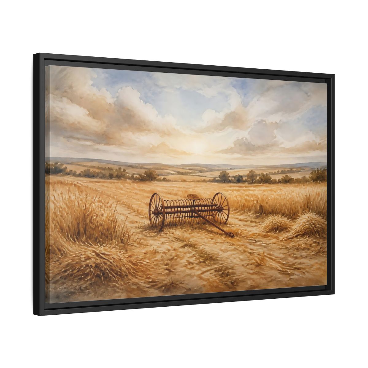 Side Mockup 14. Lone Hay Rake At Harvest shown as framed canvas print