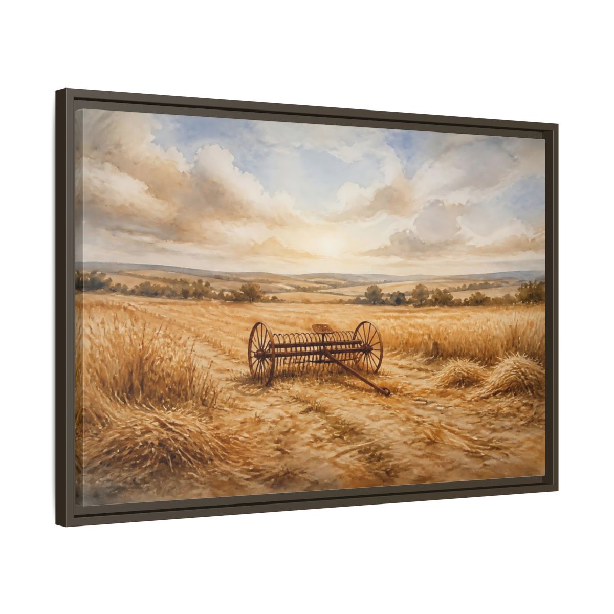 Side Mockup 11. Lone Hay Rake At Harvest shown as framed canvas print