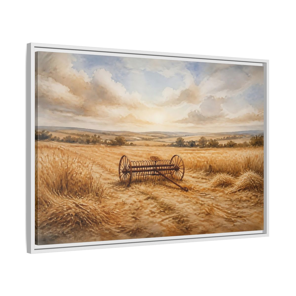 Side Mockup 9. Lone Hay Rake At Harvest shown as framed canvas print