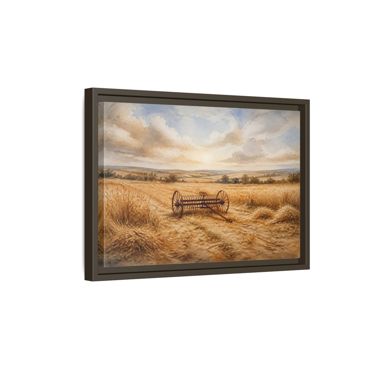 Side Mockup 5. Lone Hay Rake At Harvest shown as framed canvas print