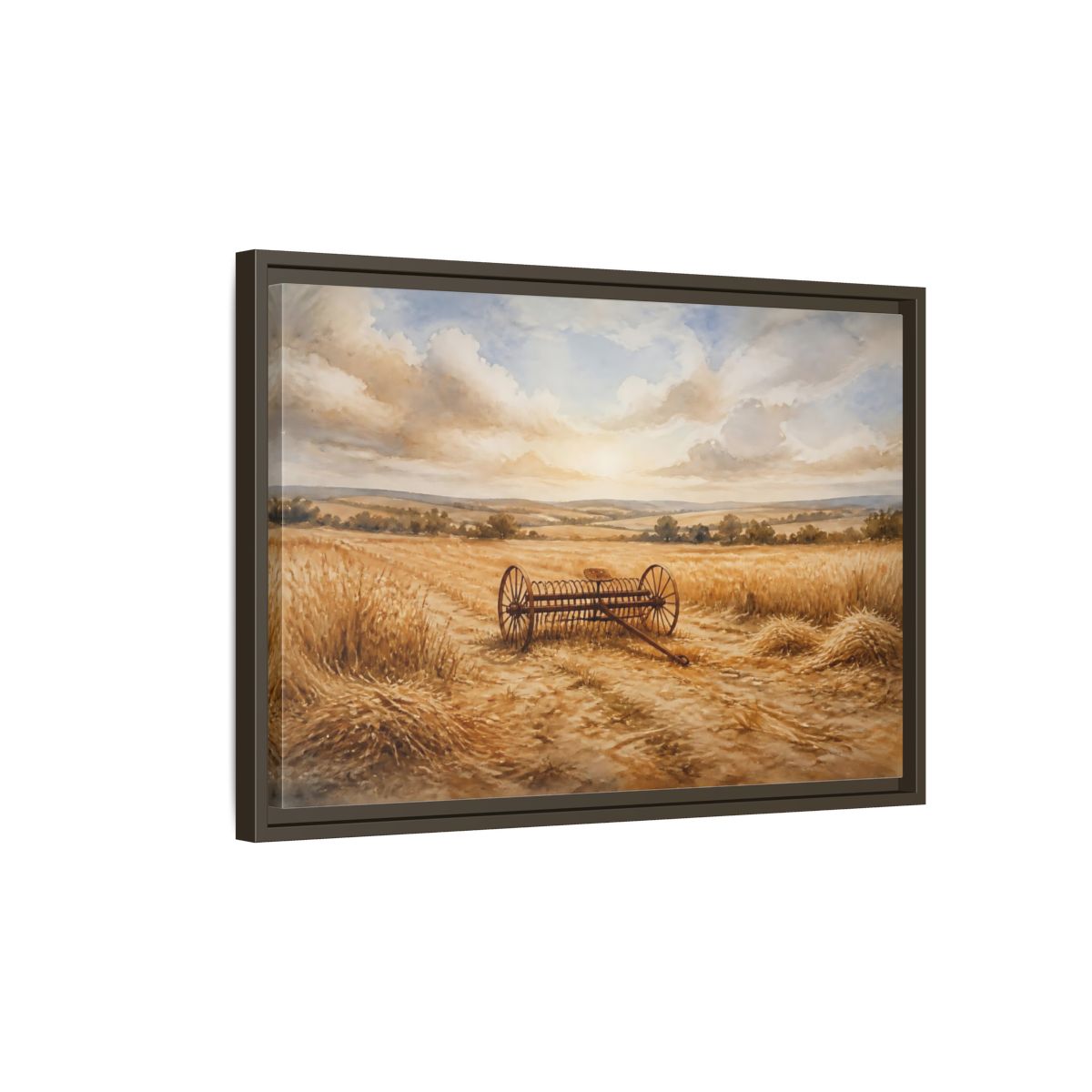 Side Mockup 2. Lone Hay Rake At Harvest shown as framed canvas print