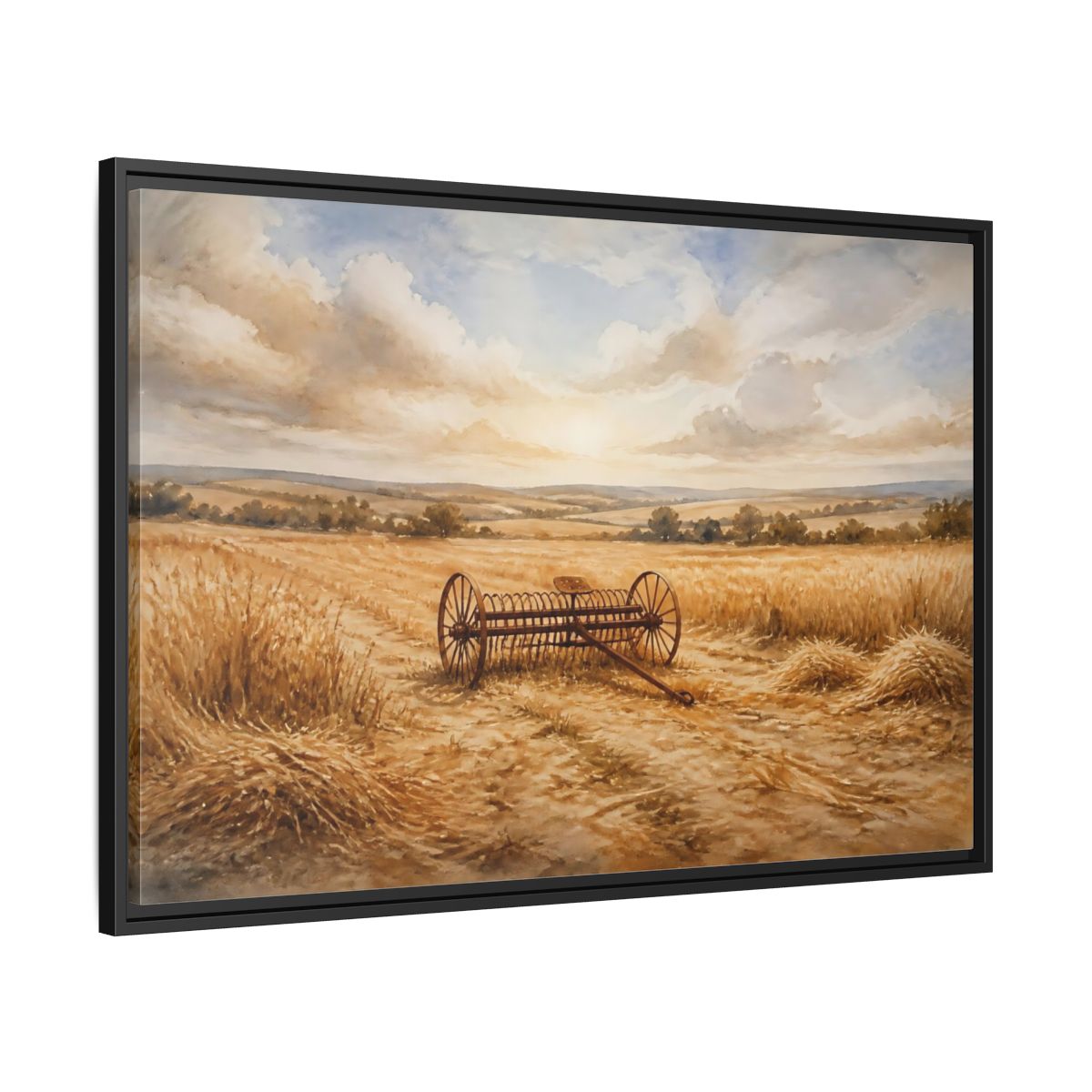 Side Mockup 13. Lone Hay Rake At Harvest shown as framed canvas print
