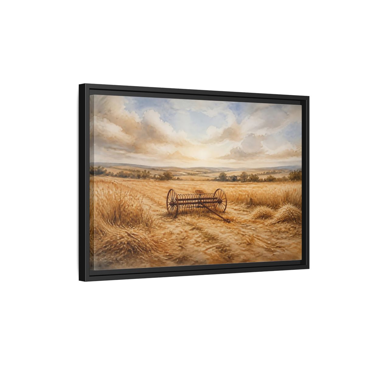 Side Mockup 3. Lone Hay Rake At Harvest shown as framed canvas print