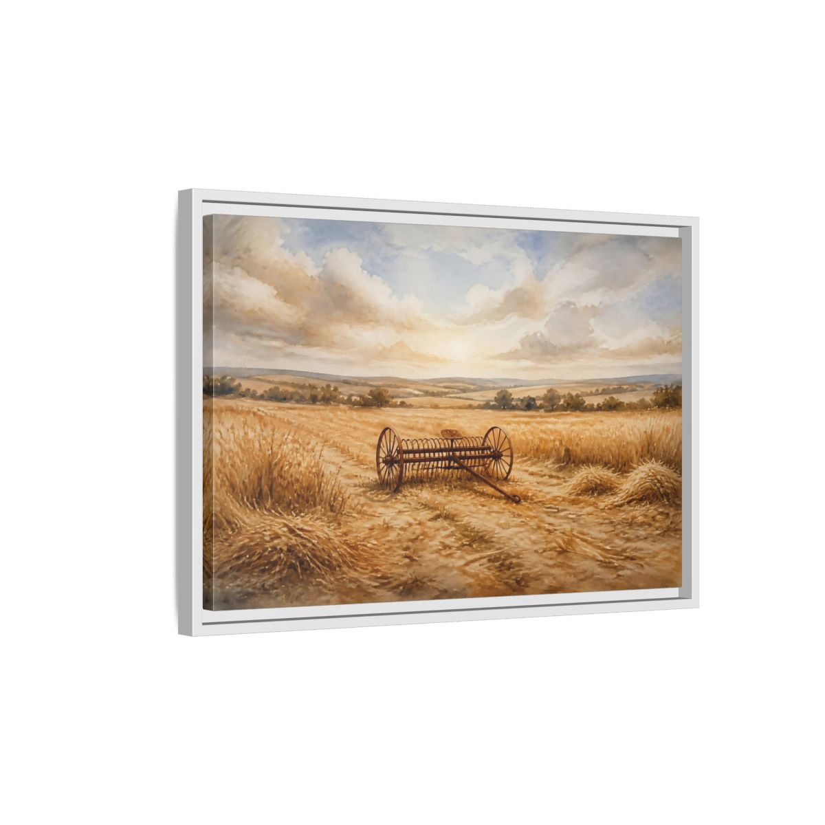 Side Mockup 1. Lone Hay Rake At Harvest shown as framed canvas print