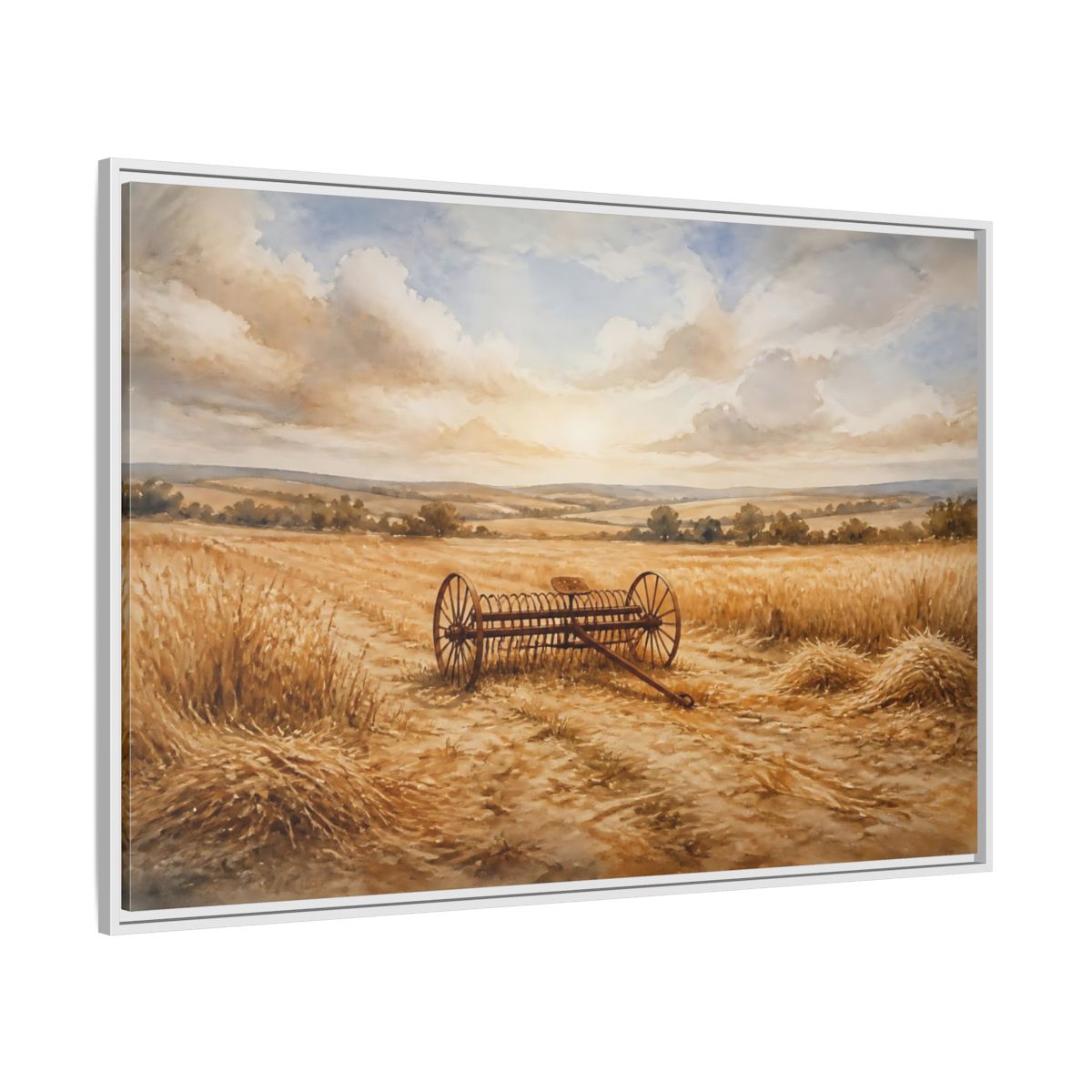 Side Mockup 7. Lone Hay Rake At Harvest shown as framed canvas print