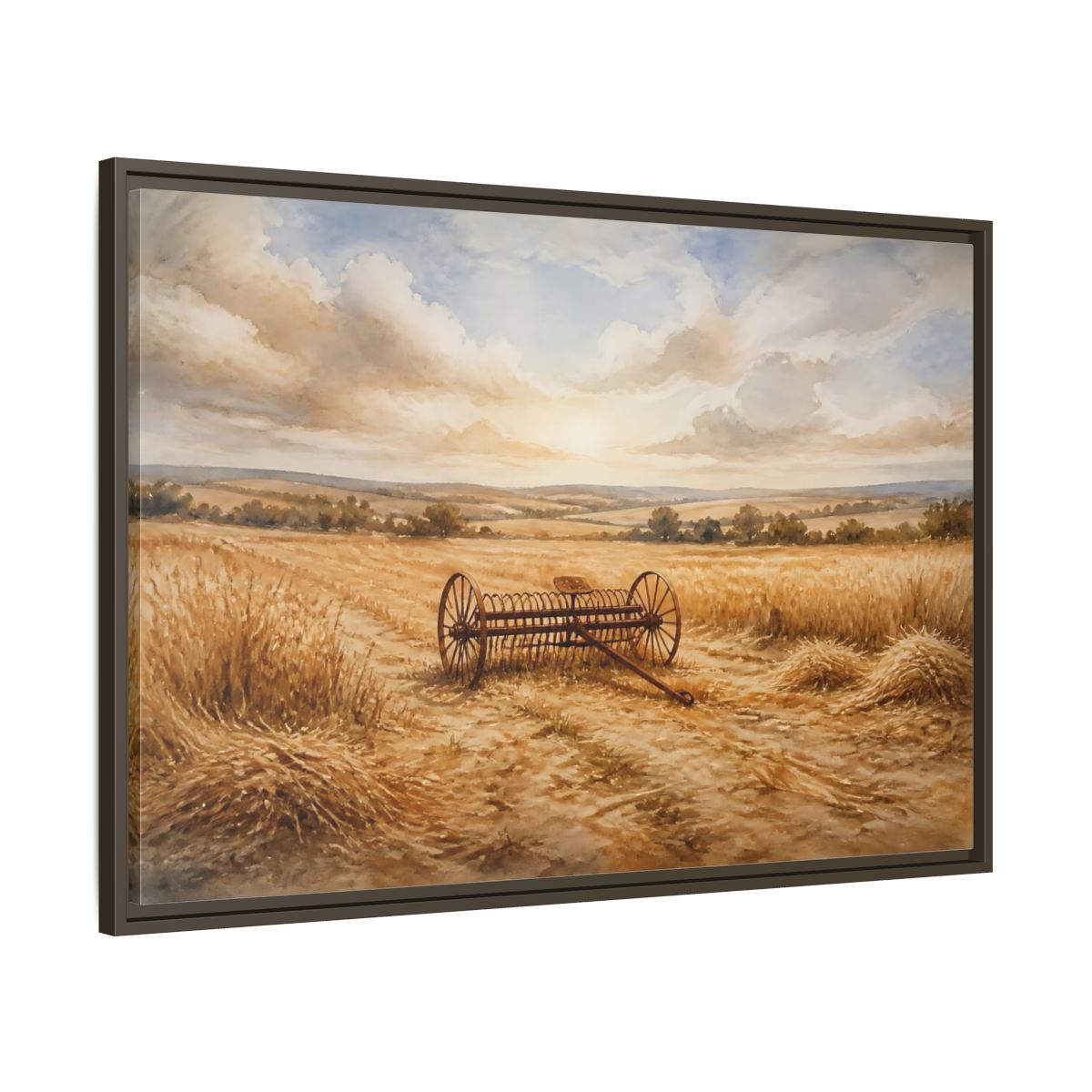 Main Mockup. Lone Hay Rake At Harvest shown as framed canvas print
