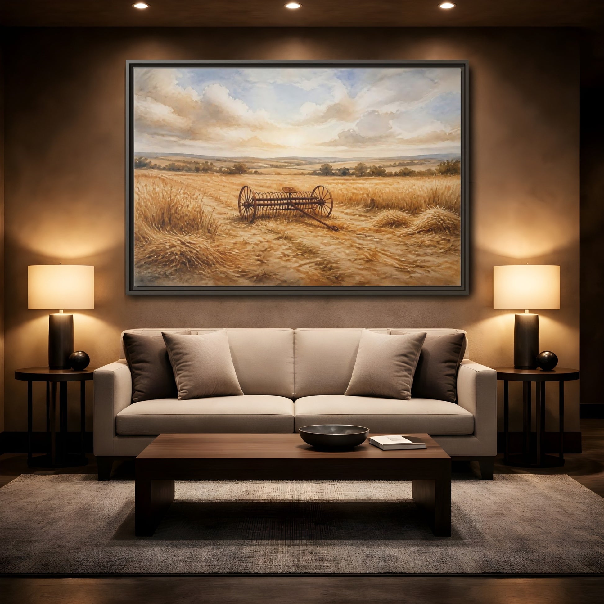 Mockup 2. Lone Hay Rake At Harvest shown as framed canvas print