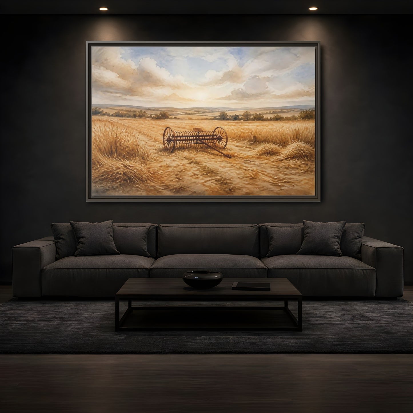 Mockup 3. Lone Hay Rake At Harvest shown as framed canvas print