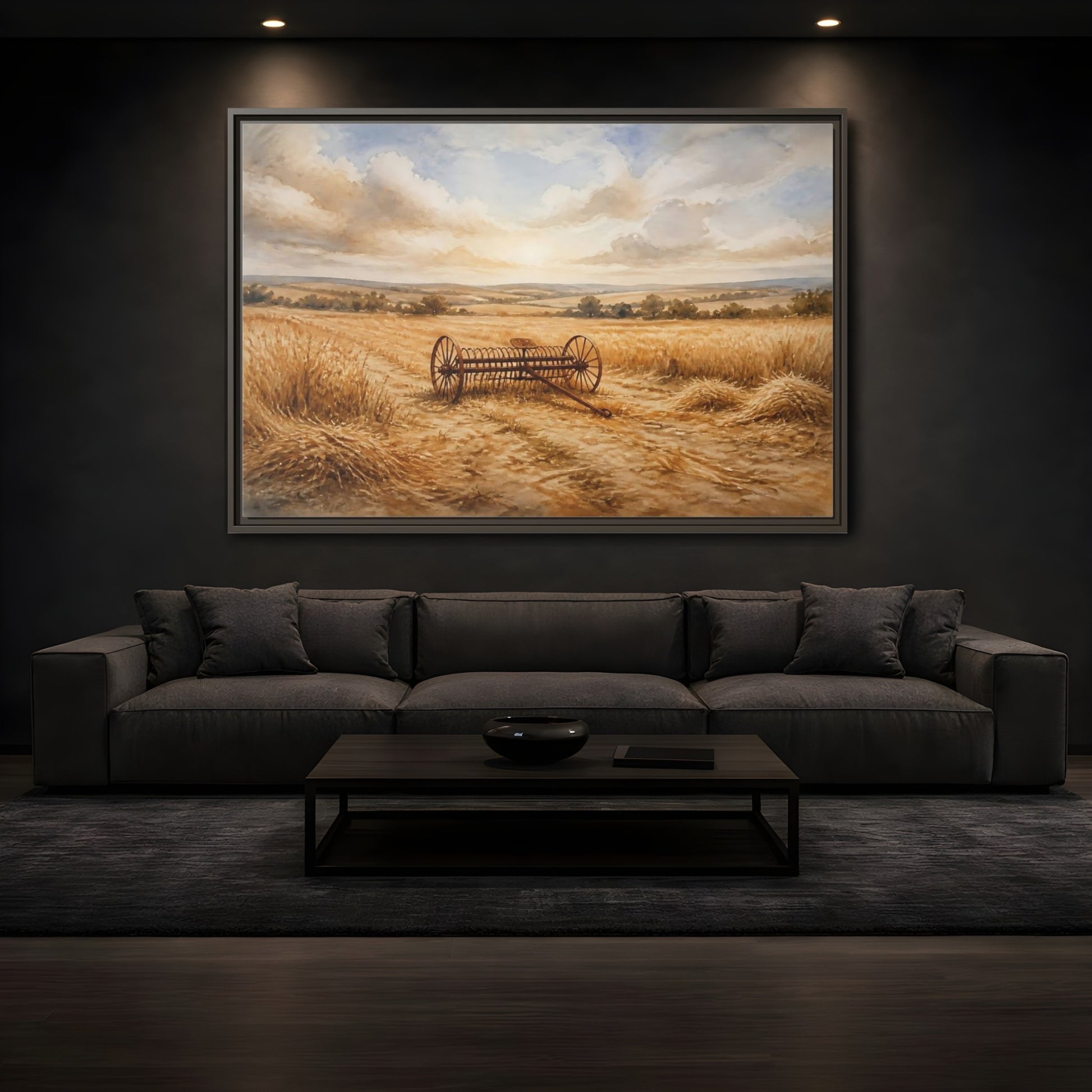 Mockup 3. Lone Hay Rake At Harvest shown as framed canvas print
