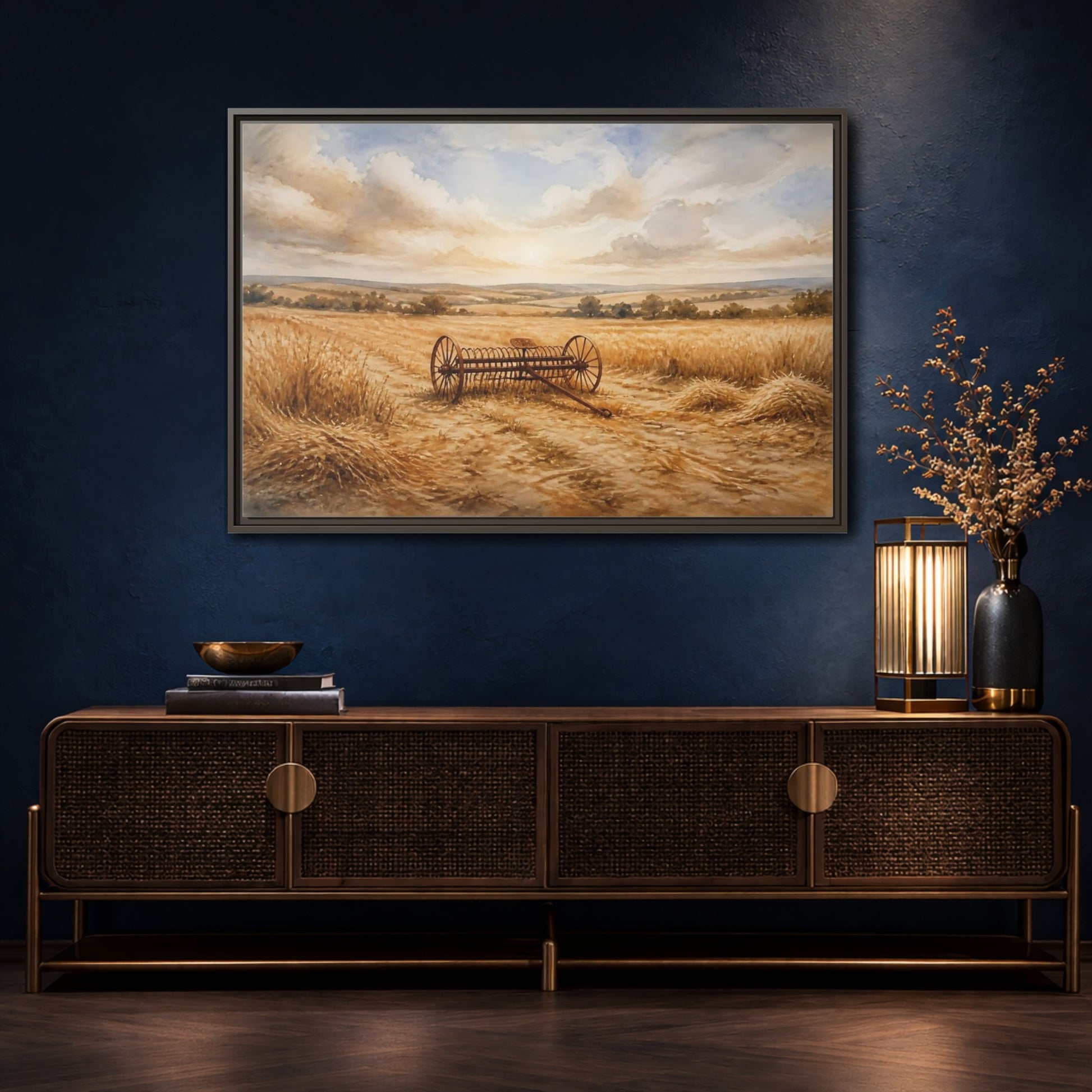Mockup 4. Lone Hay Rake At Harvest shown as framed canvas print