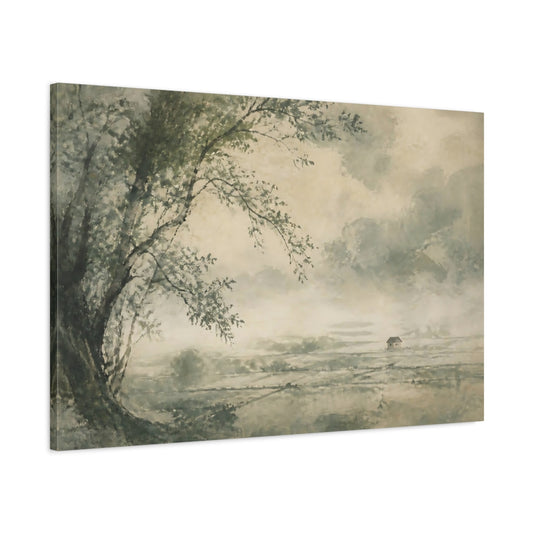Main Mockup. Lone Tree Over Misty Fields shown as canvas print