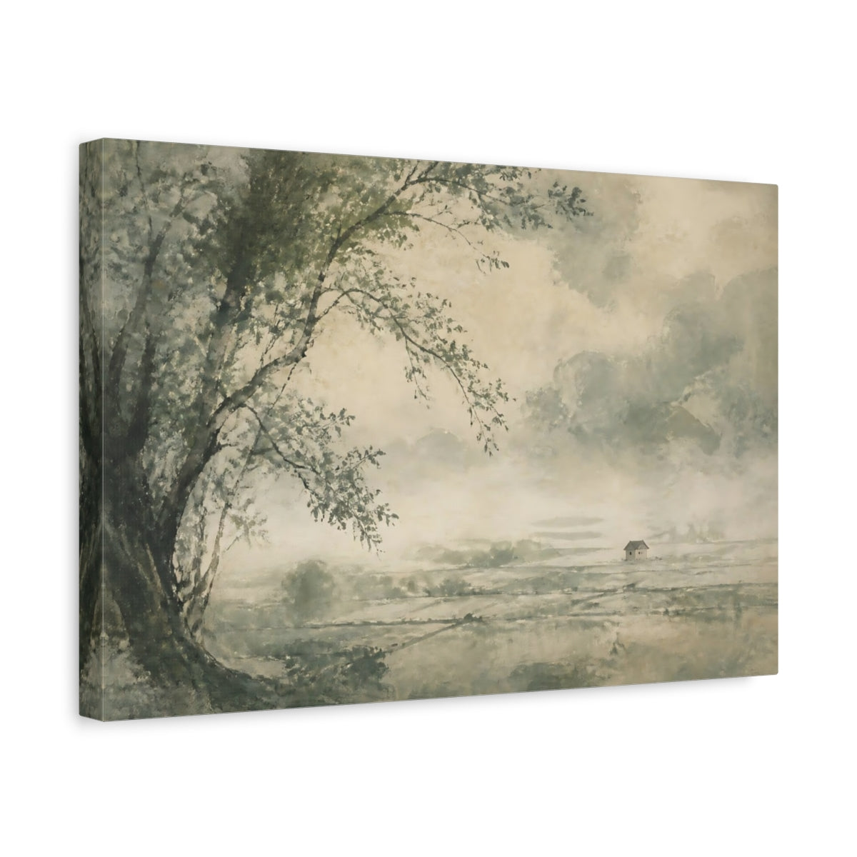Side Mockup 4. Lone Tree Over Misty Fields shown as canvas print