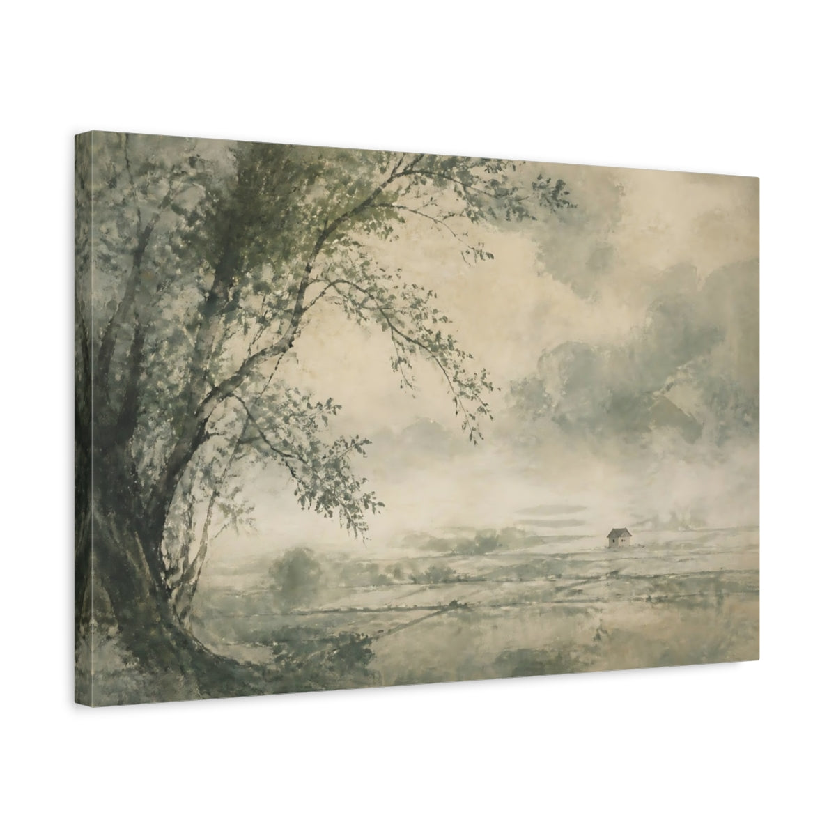 Side Mockup 3. Lone Tree Over Misty Fields shown as canvas print