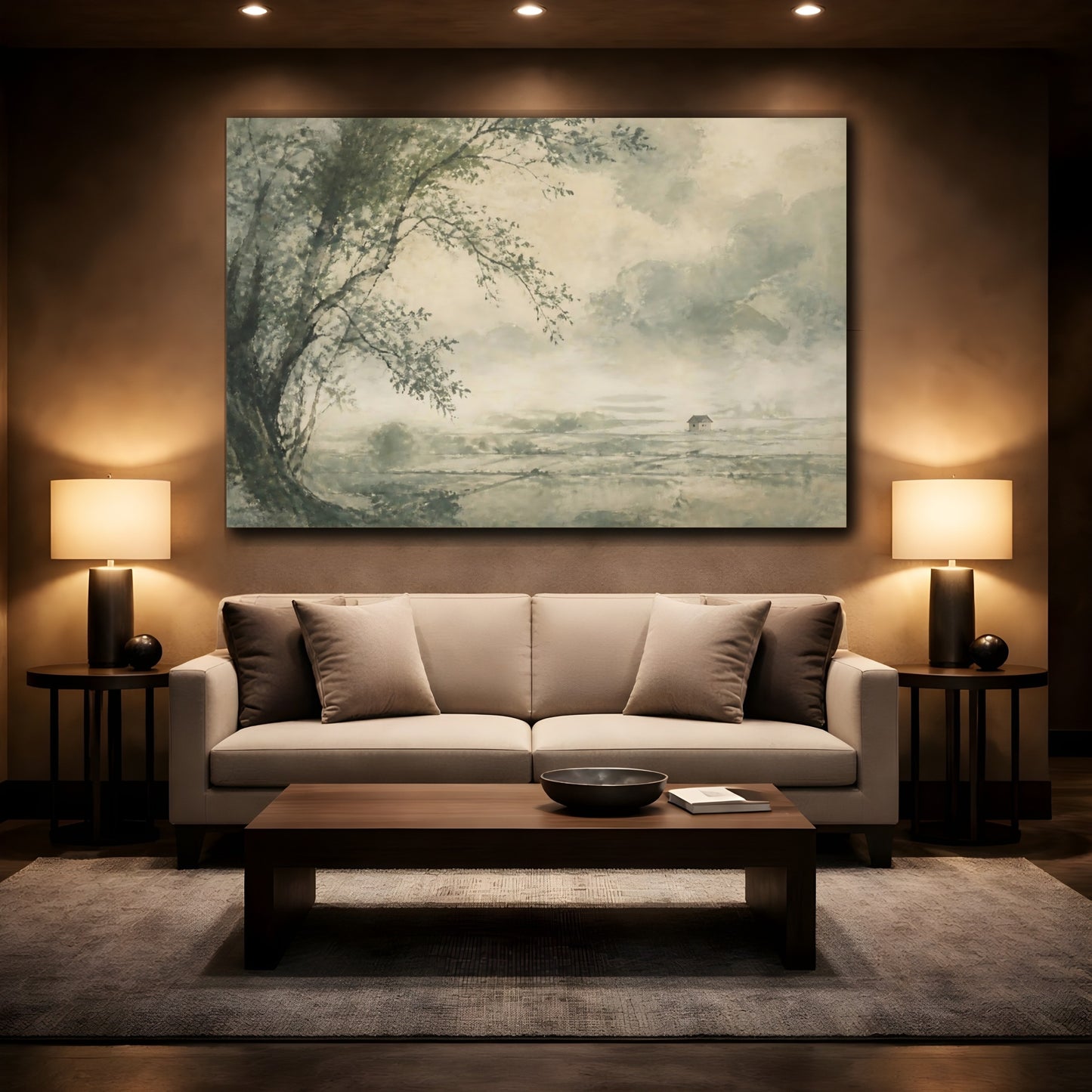 Mockup 2. Lone Tree Over Misty Fields shown as canvas print