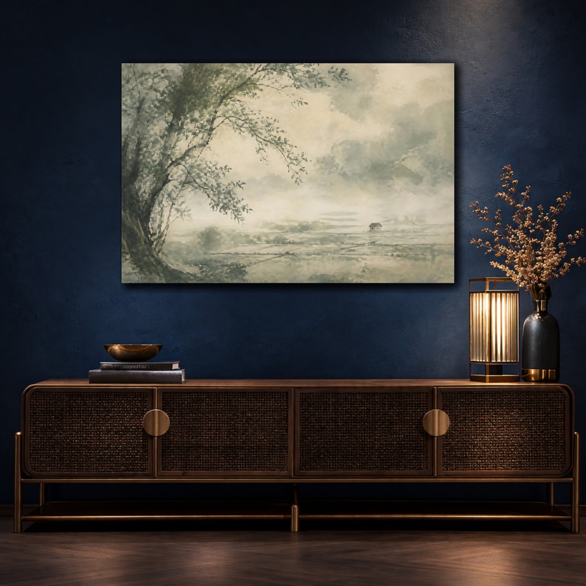 Mockup 4. Lone Tree Over Misty Fields shown as canvas print