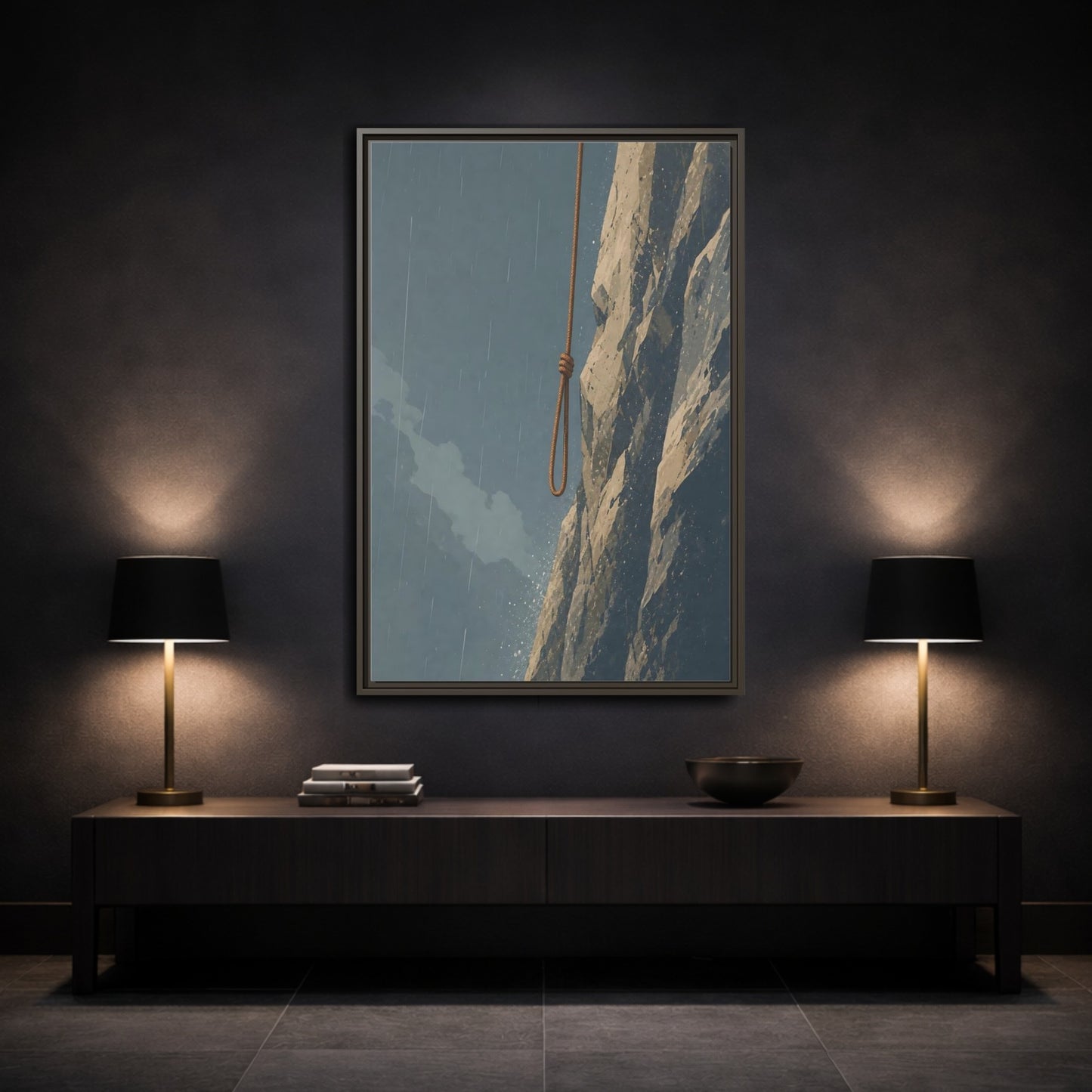 Mockup 3. Looped Rope Over Cliff shown as framed canvas print