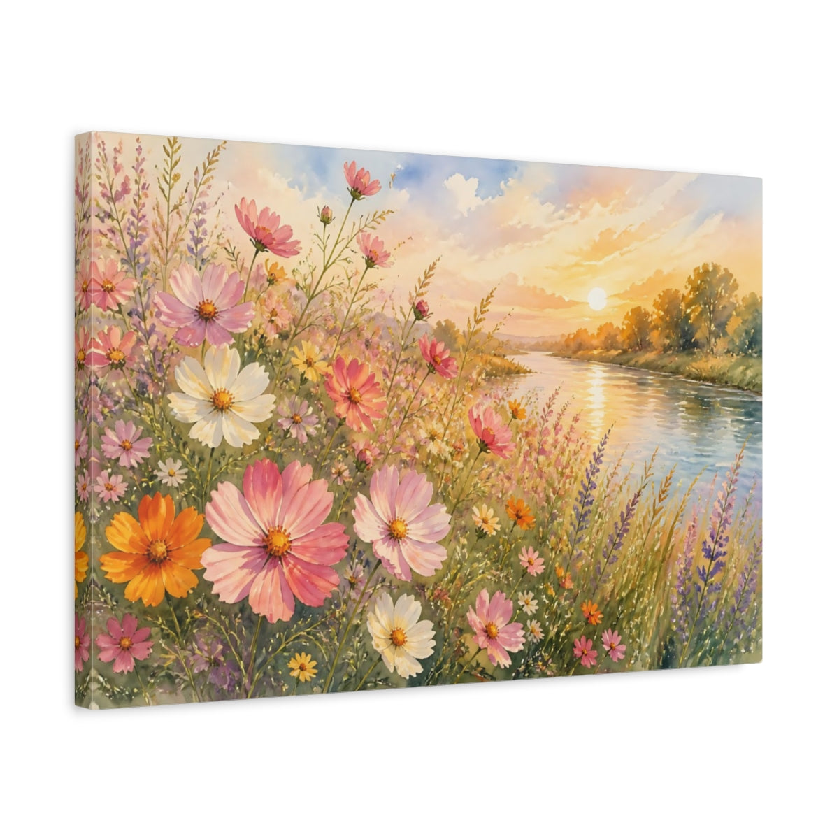 Side Mockup 3. Loose Watercolor Wash Cosmos Along Riverside Grass In Late Afternoon shown as stretched canvas wall art