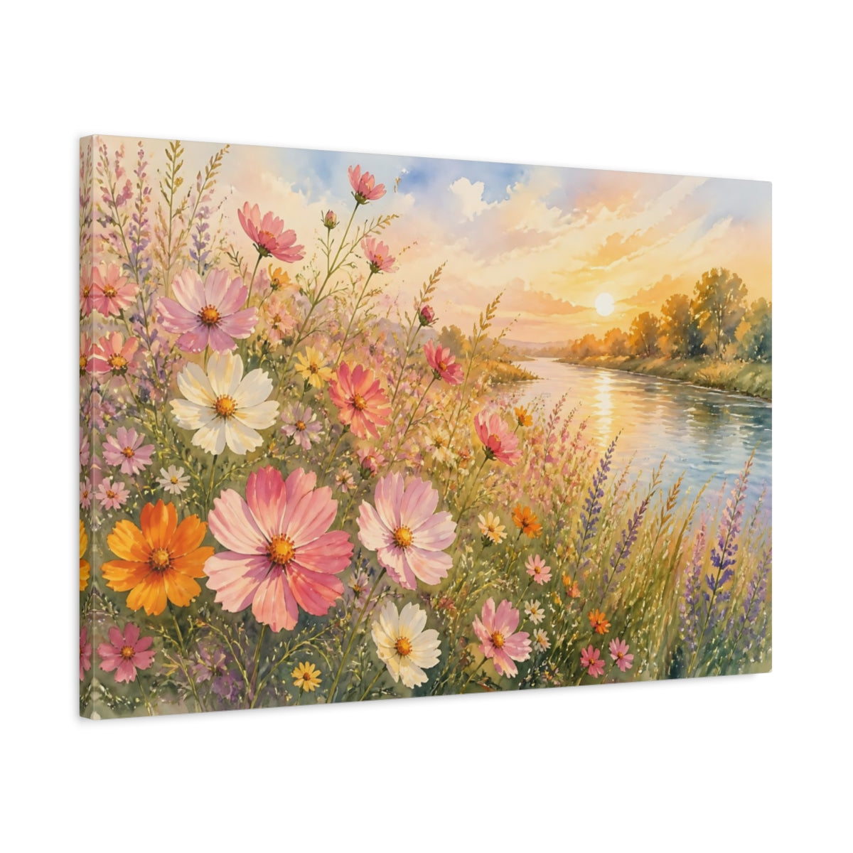 Side Mockup 2. Loose Watercolor Wash Cosmos Along Riverside Grass In Late Afternoon shown as stretched canvas wall art