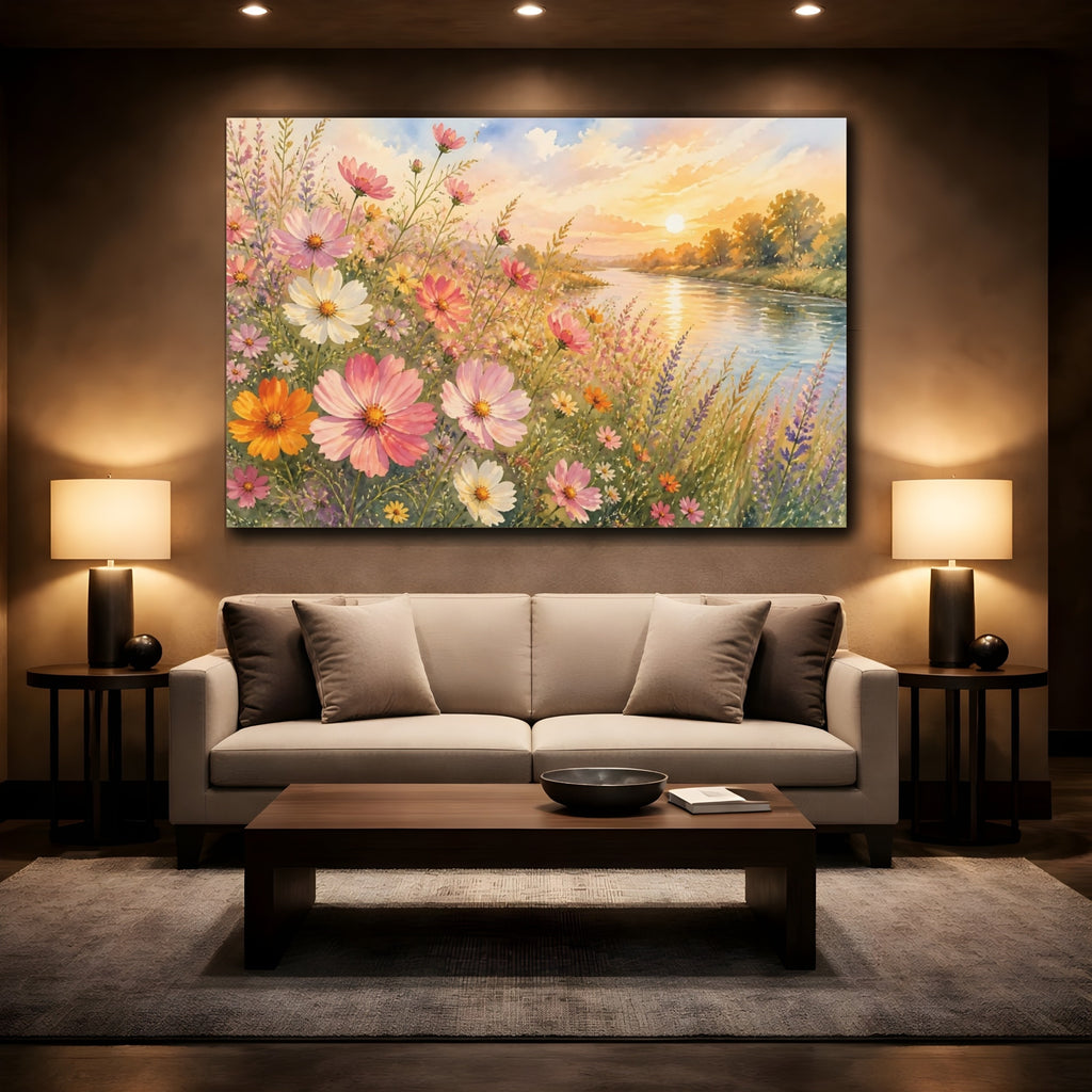 Mockup 2. Loose Watercolor Wash Cosmos Along Riverside Grass In Late Afternoon shown as stretched canvas wall art