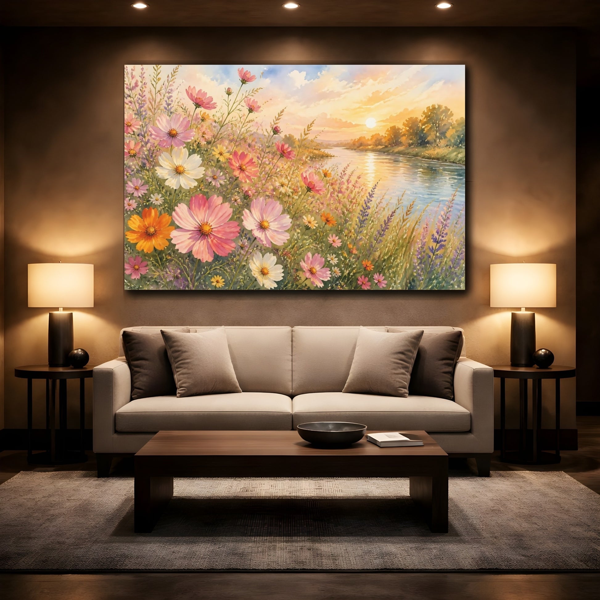 Mockup 2. Loose Watercolor Wash Cosmos Along Riverside Grass In Late Afternoon shown as stretched canvas wall art