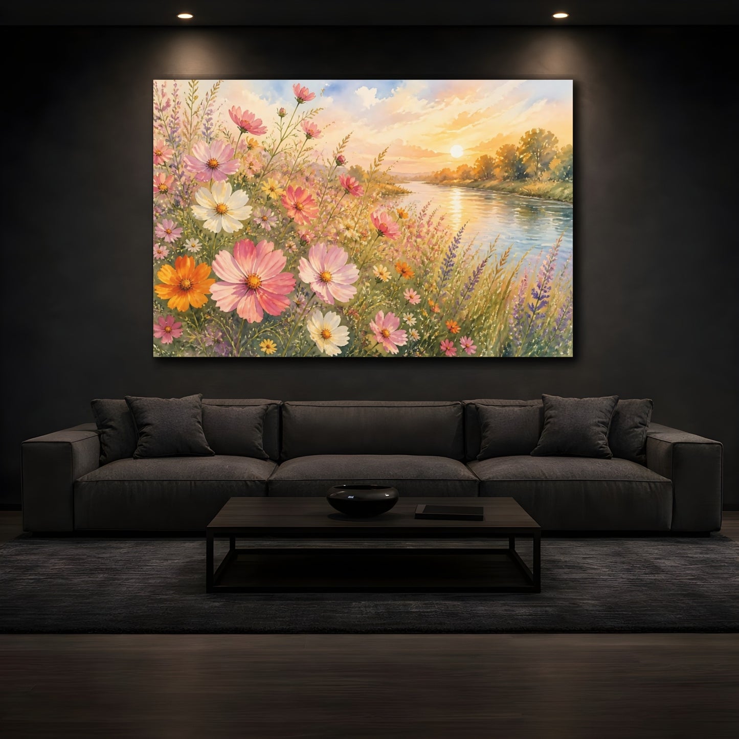Mockup 3. Loose Watercolor Wash Cosmos Along Riverside Grass In Late Afternoon shown as stretched canvas wall art