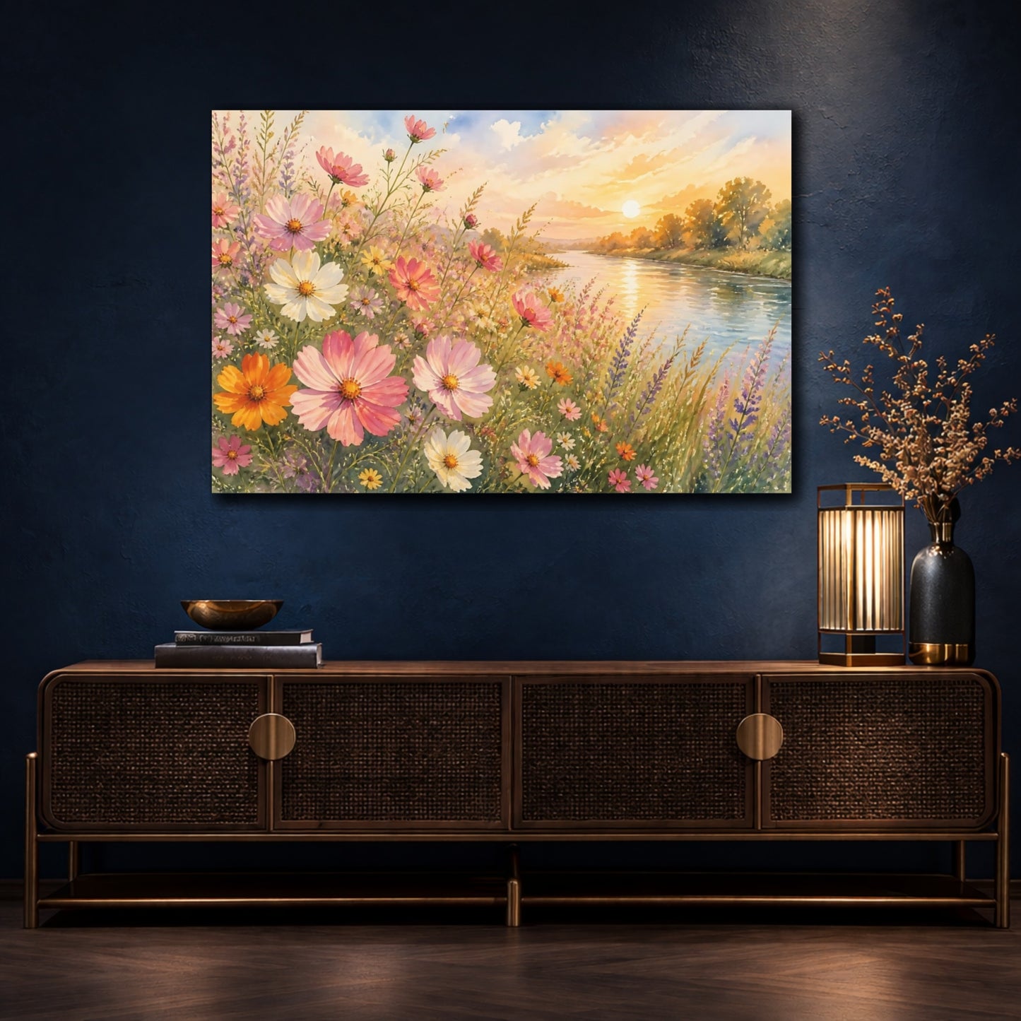 Mockup 4. Loose Watercolor Wash Cosmos Along Riverside Grass In Late Afternoon shown as stretched canvas wall art