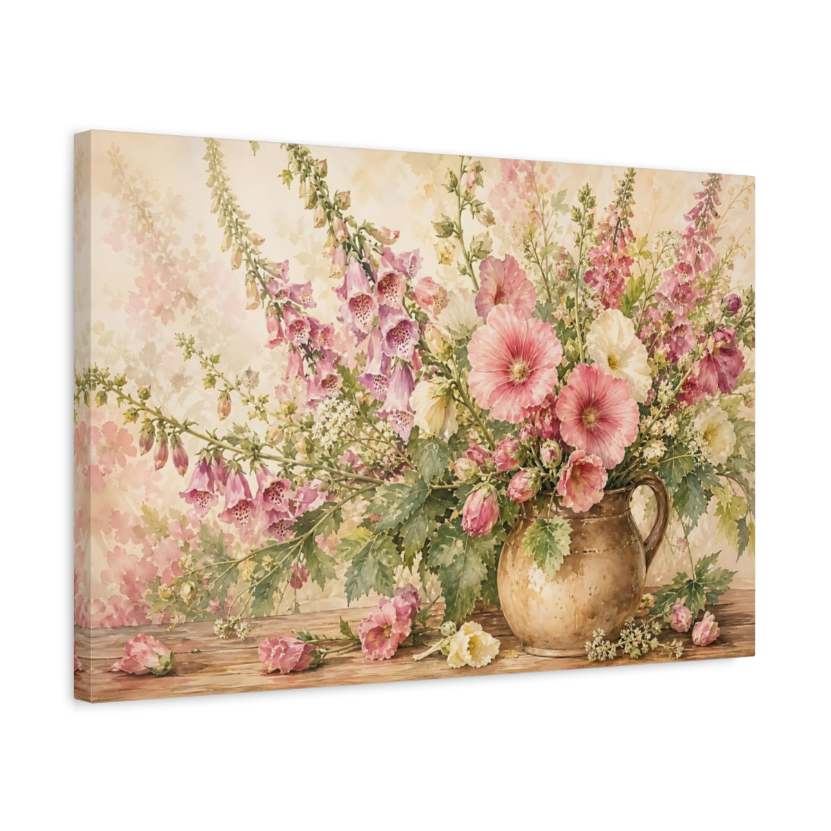 Side Mockup 3. Loose Watercolor Wash Cream And Pink Foxgloves Hollyhocks In Earthen Jug shown as stretched canvas wall art