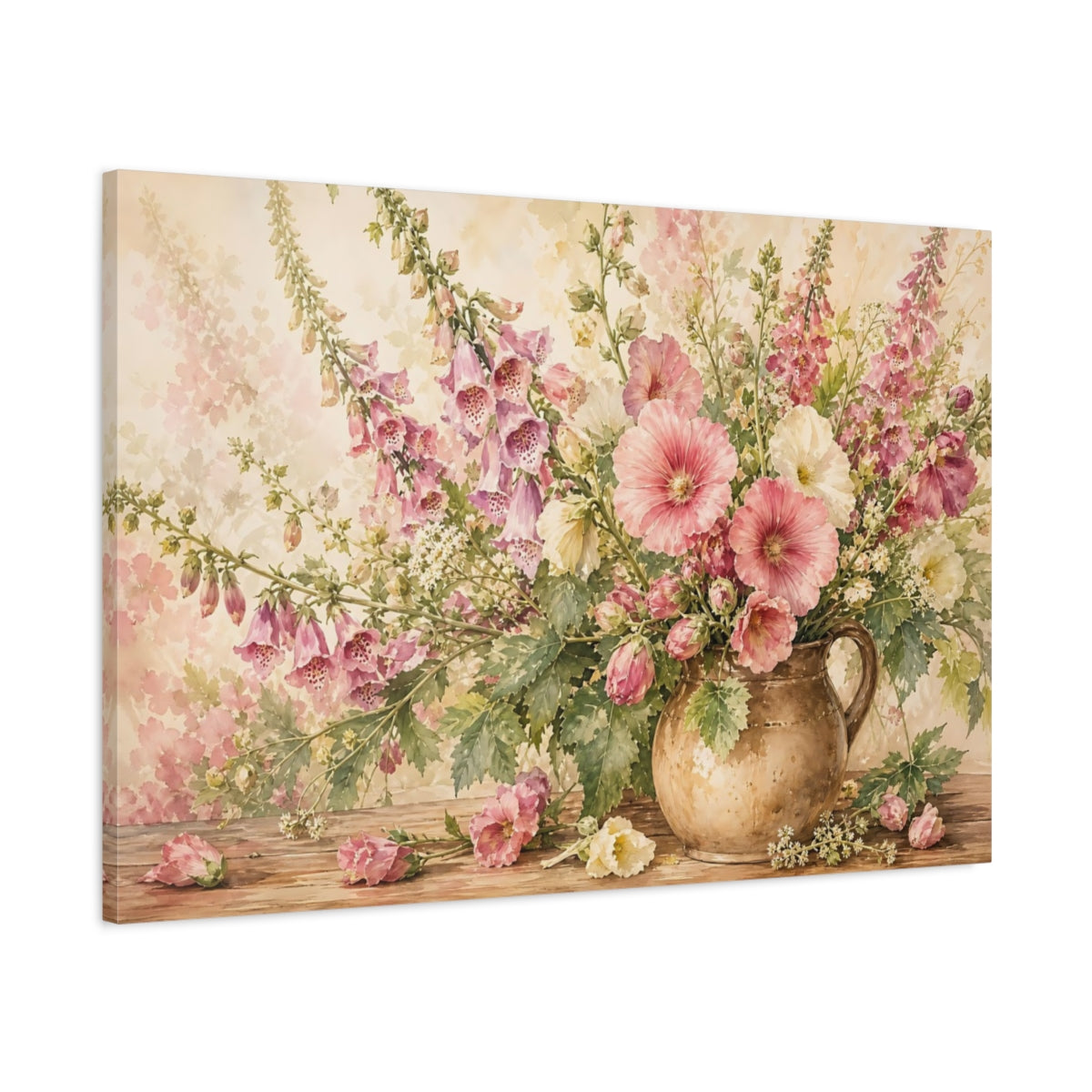 Main Mockup. Loose Watercolor Wash Cream And Pink Foxgloves Hollyhocks In Earthen Jug shown as stretched canvas wall art