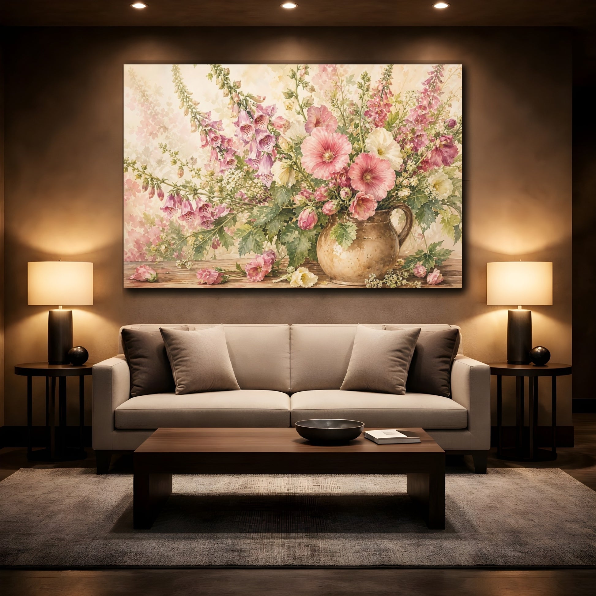 Mockup 2. Loose Watercolor Wash Cream And Pink Foxgloves Hollyhocks In Earthen Jug shown as stretched canvas wall art