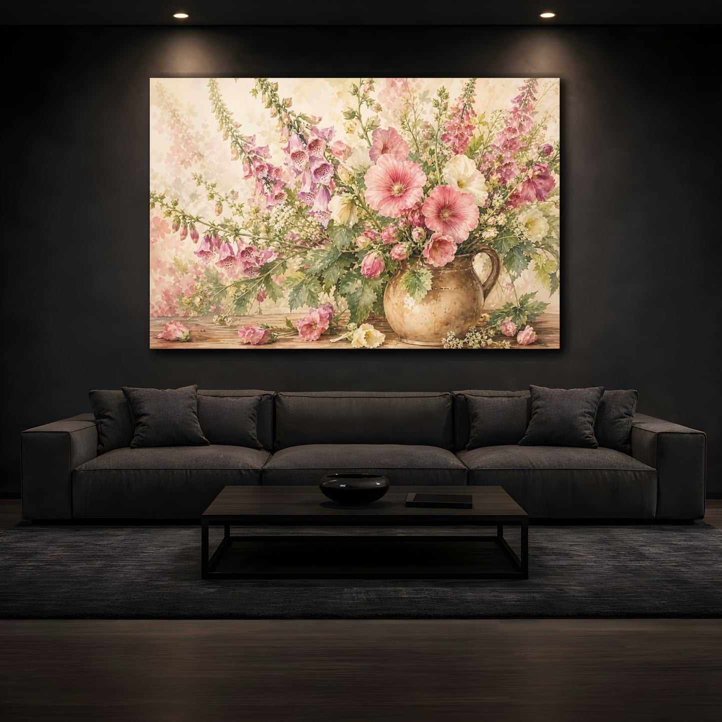 Mockup 3. Loose Watercolor Wash Cream And Pink Foxgloves Hollyhocks In Earthen Jug shown as stretched canvas wall art