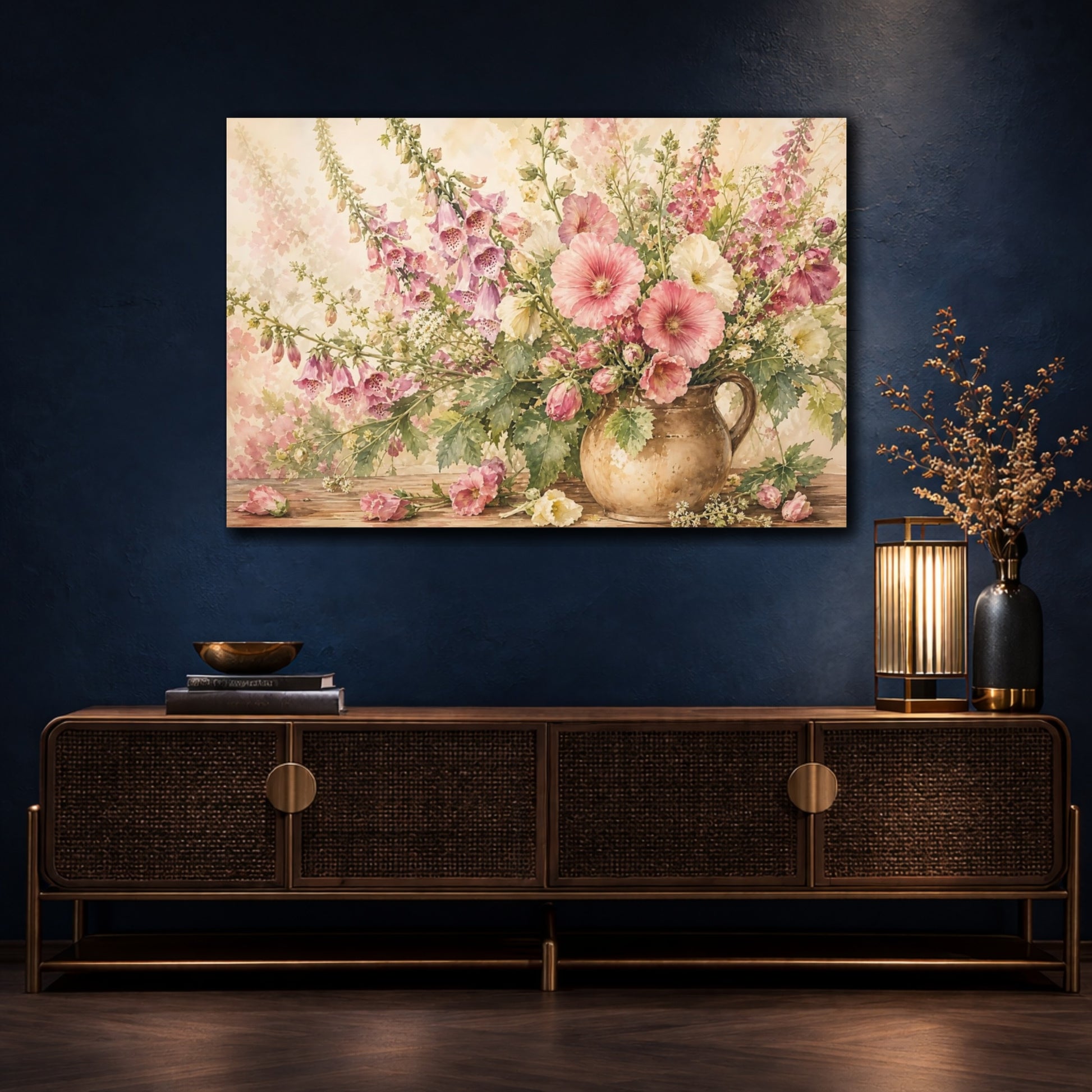 Mockup 4. Loose Watercolor Wash Cream And Pink Foxgloves Hollyhocks In Earthen Jug shown as stretched canvas wall art