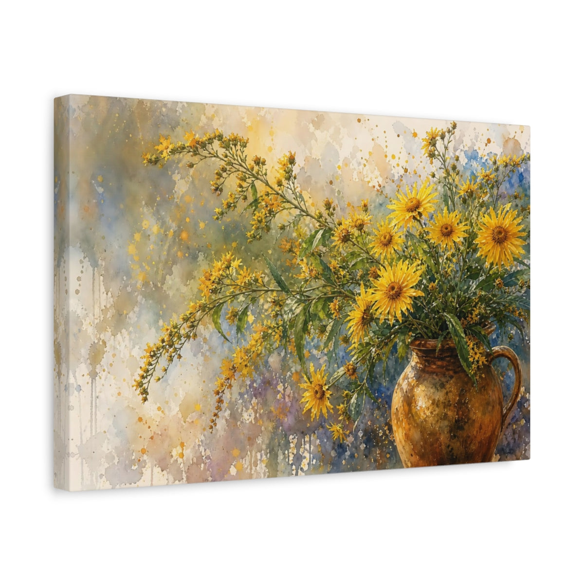 Side Mockup 4. Loose Watercolor Wash Golden Asters In Earthen Jug Humid Air shown as stretched canvas wall art