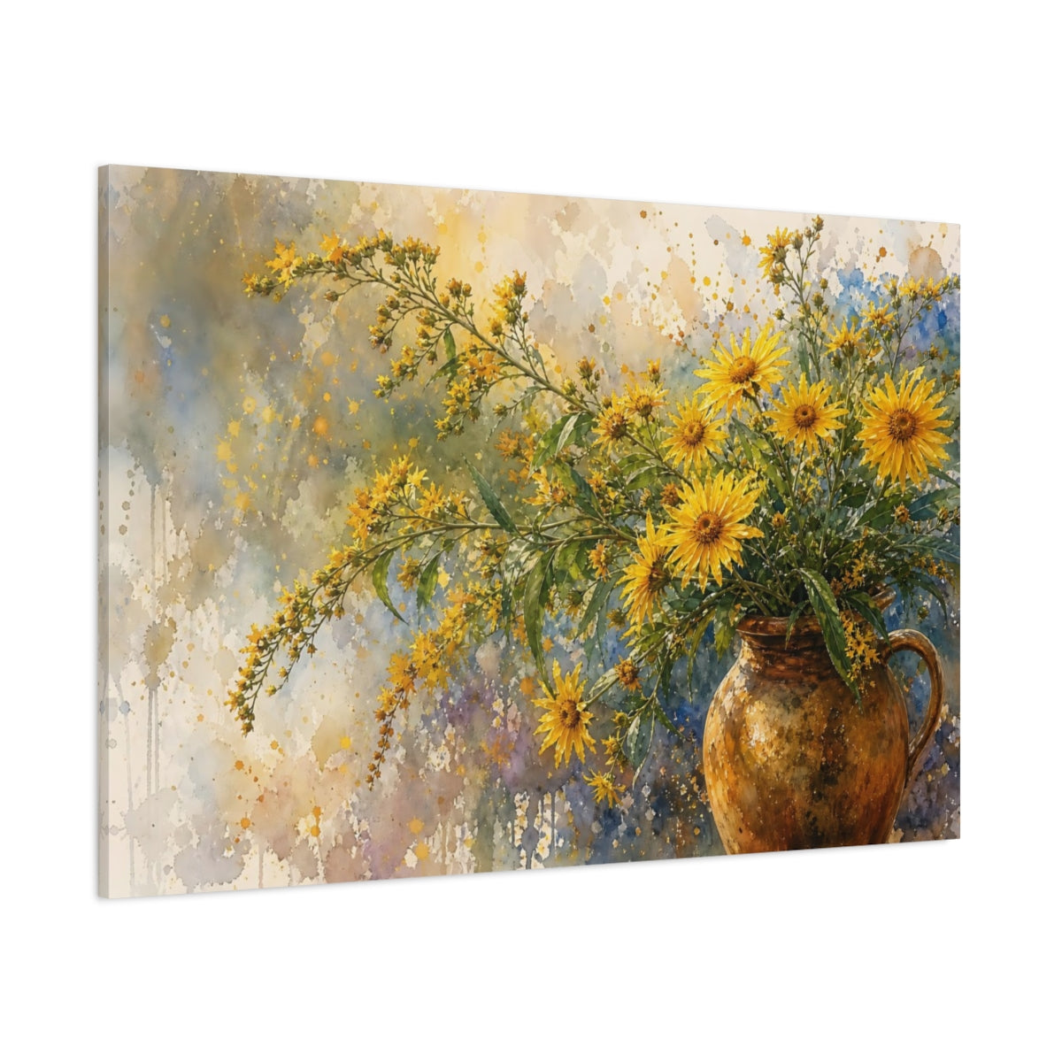 Side Mockup 1. Loose Watercolor Wash Golden Asters In Earthen Jug Humid Air shown as stretched canvas wall art