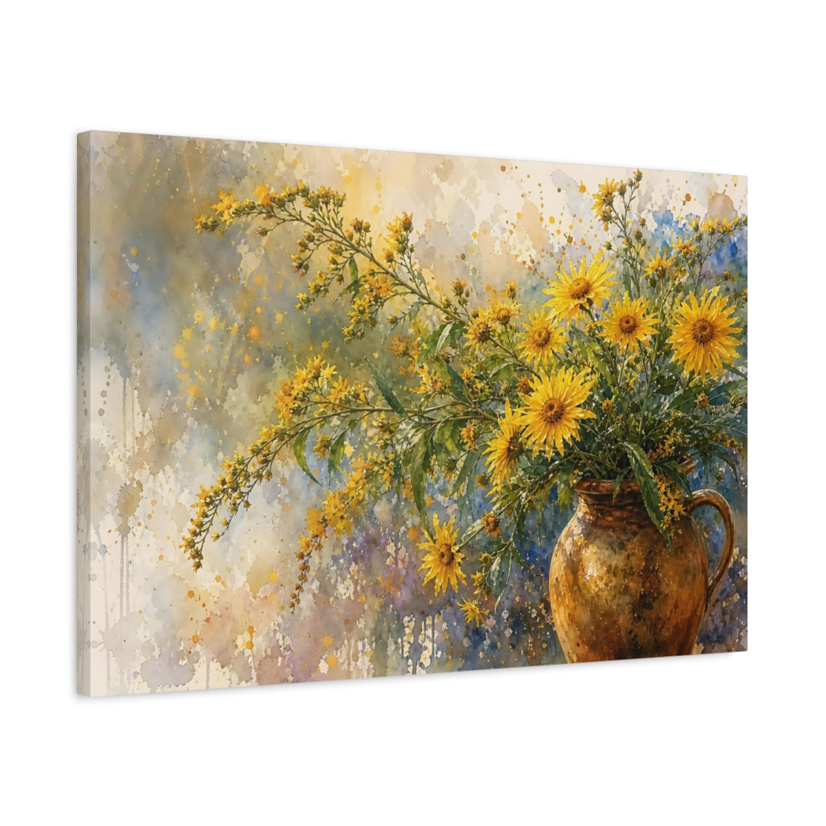Side Mockup 2. Loose Watercolor Wash Golden Asters In Earthen Jug Humid Air shown as stretched canvas wall art