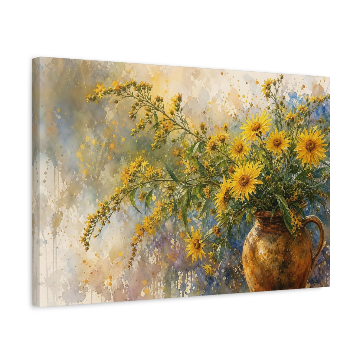 Side Mockup 3. Loose Watercolor Wash Golden Asters In Earthen Jug Humid Air shown as stretched canvas wall art