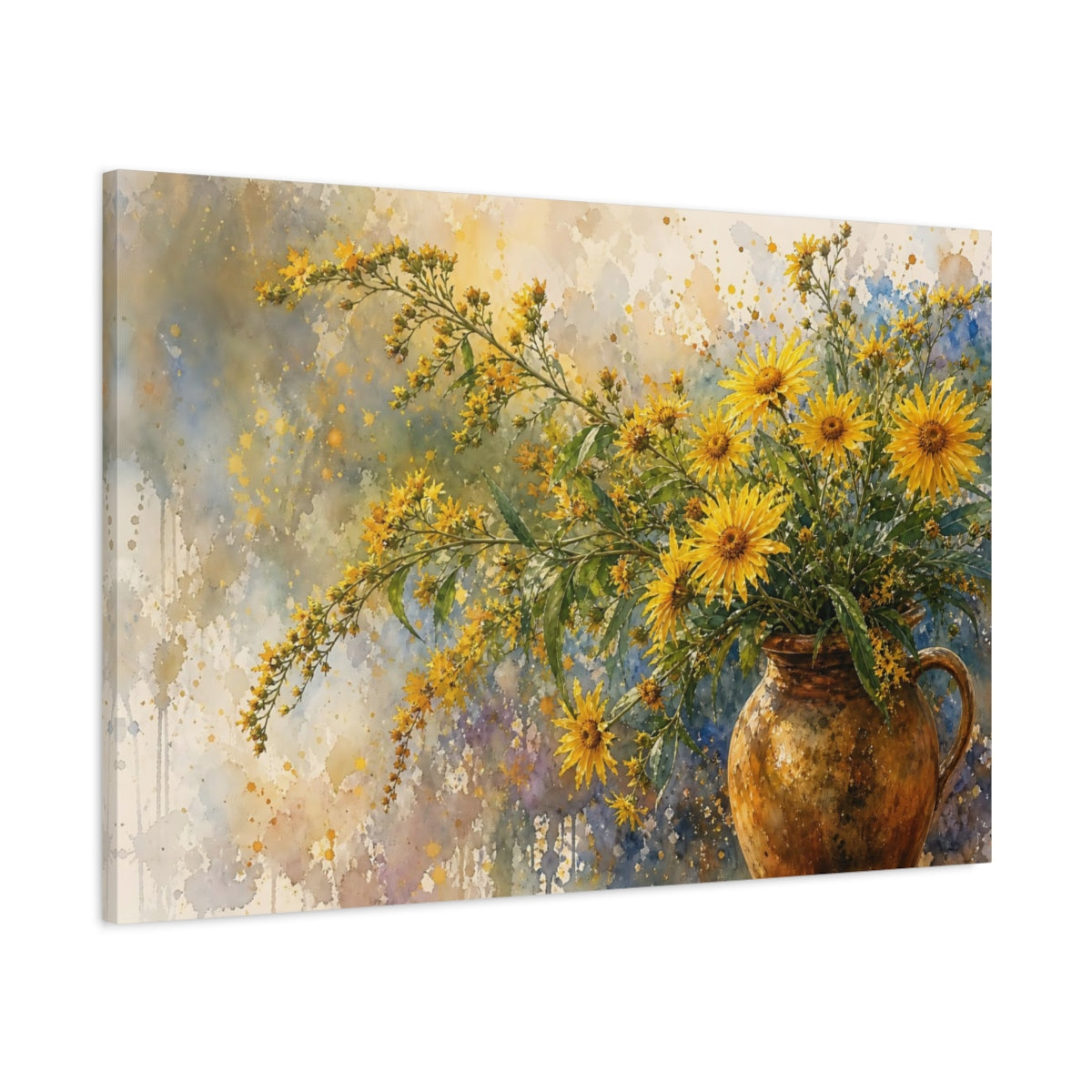 Main Mockup. Loose Watercolor Wash Golden Asters In Earthen Jug Humid Air shown as stretched canvas wall art