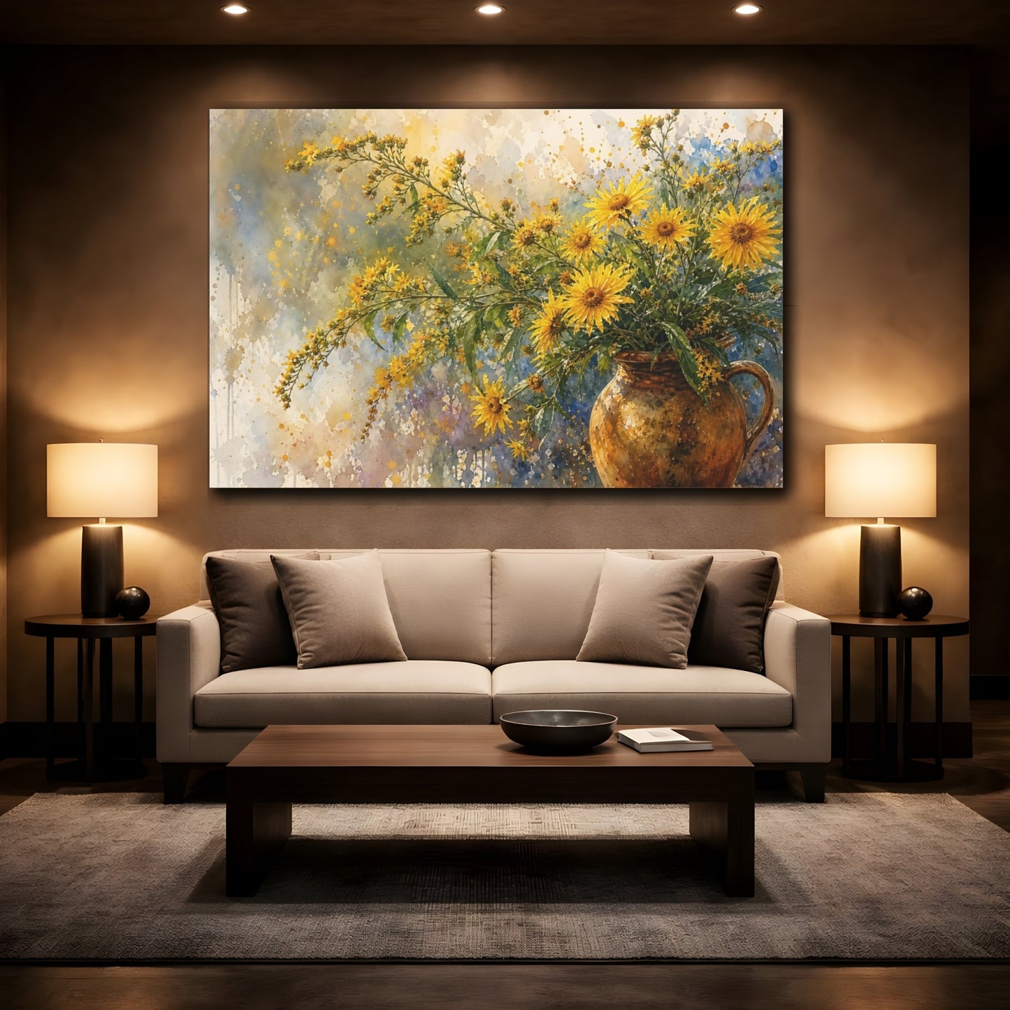 Mockup 2. Loose Watercolor Wash Golden Asters In Earthen Jug Humid Air shown as stretched canvas wall art