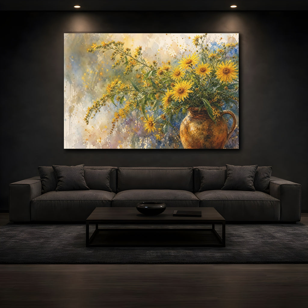Mockup 3. Loose Watercolor Wash Golden Asters In Earthen Jug Humid Air shown as stretched canvas wall art