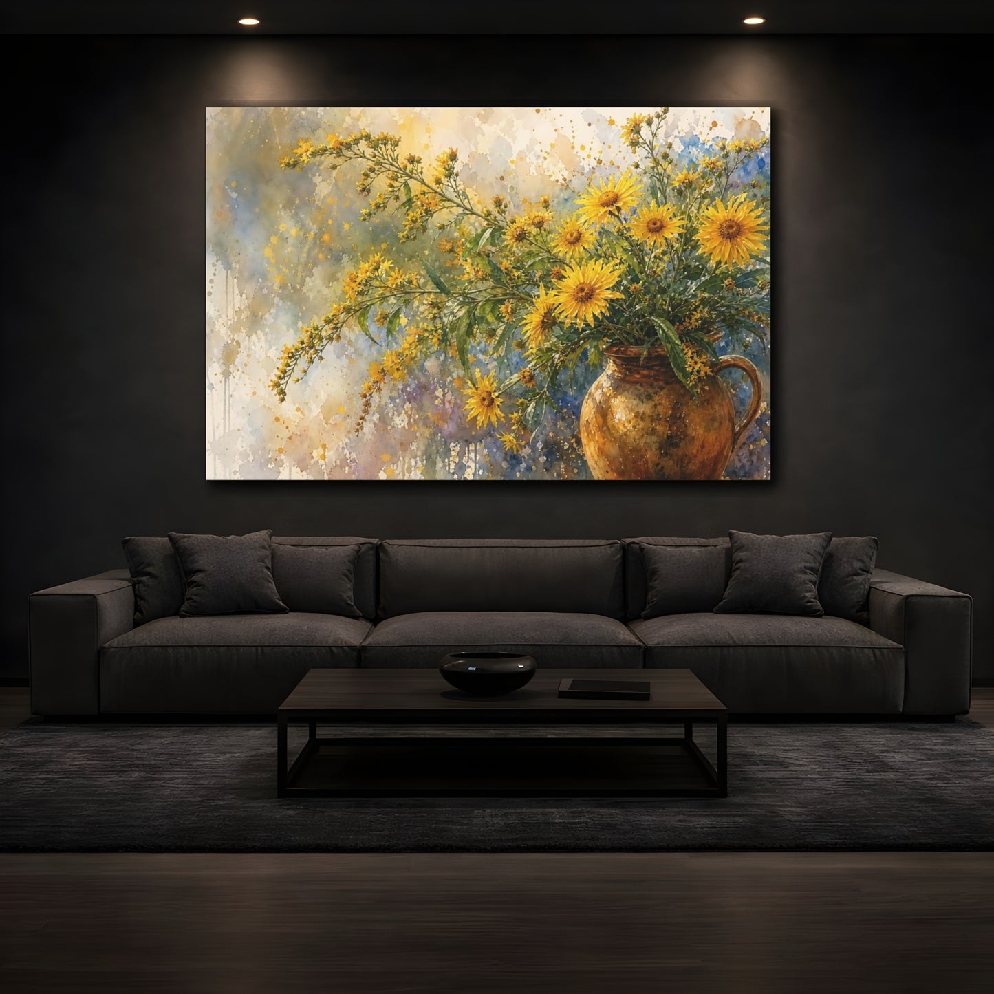 Mockup 3. Loose Watercolor Wash Golden Asters In Earthen Jug Humid Air shown as stretched canvas wall art