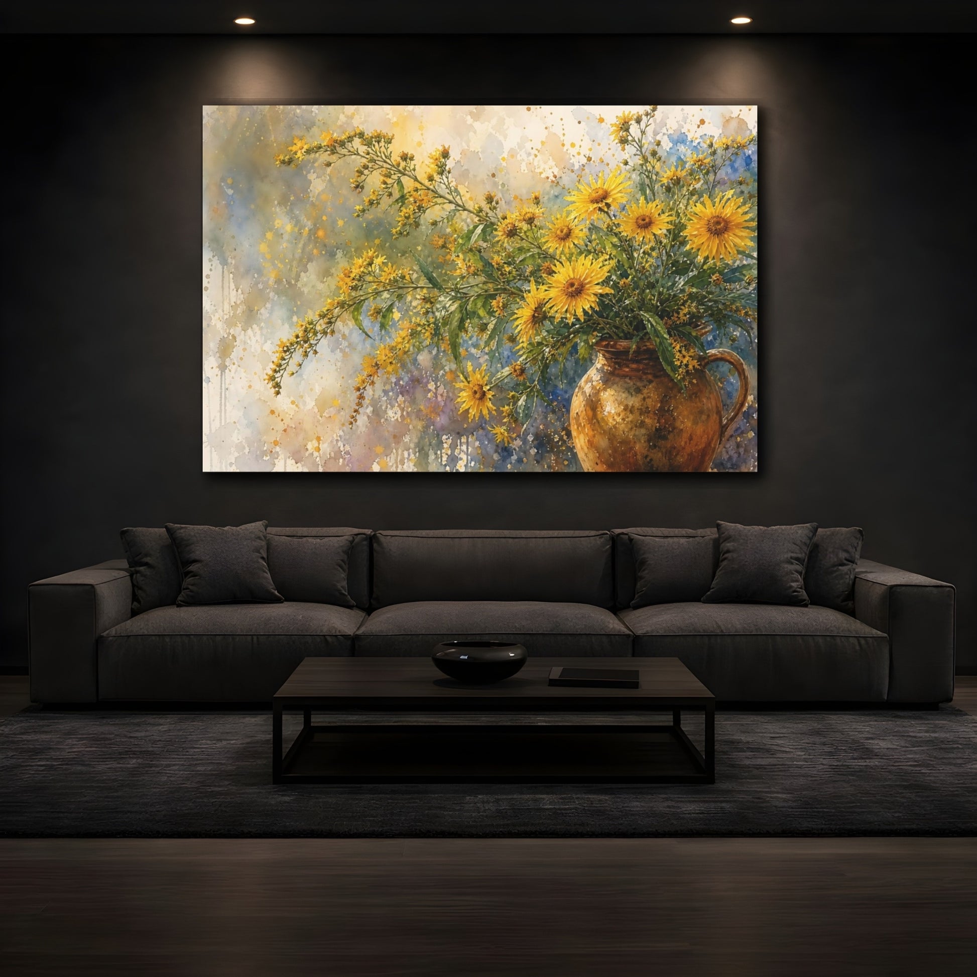 Mockup 3. Loose Watercolor Wash Golden Asters In Earthen Jug Humid Air shown as stretched canvas wall art