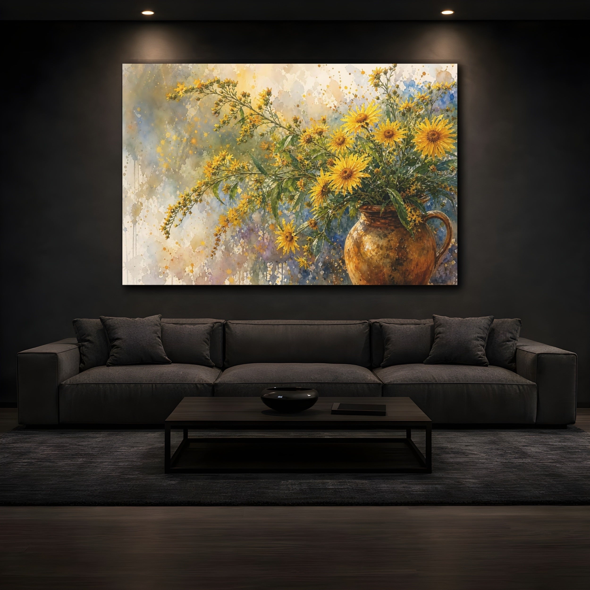 Mockup 3. Loose Watercolor Wash Golden Asters In Earthen Jug Humid Air shown as stretched canvas wall art