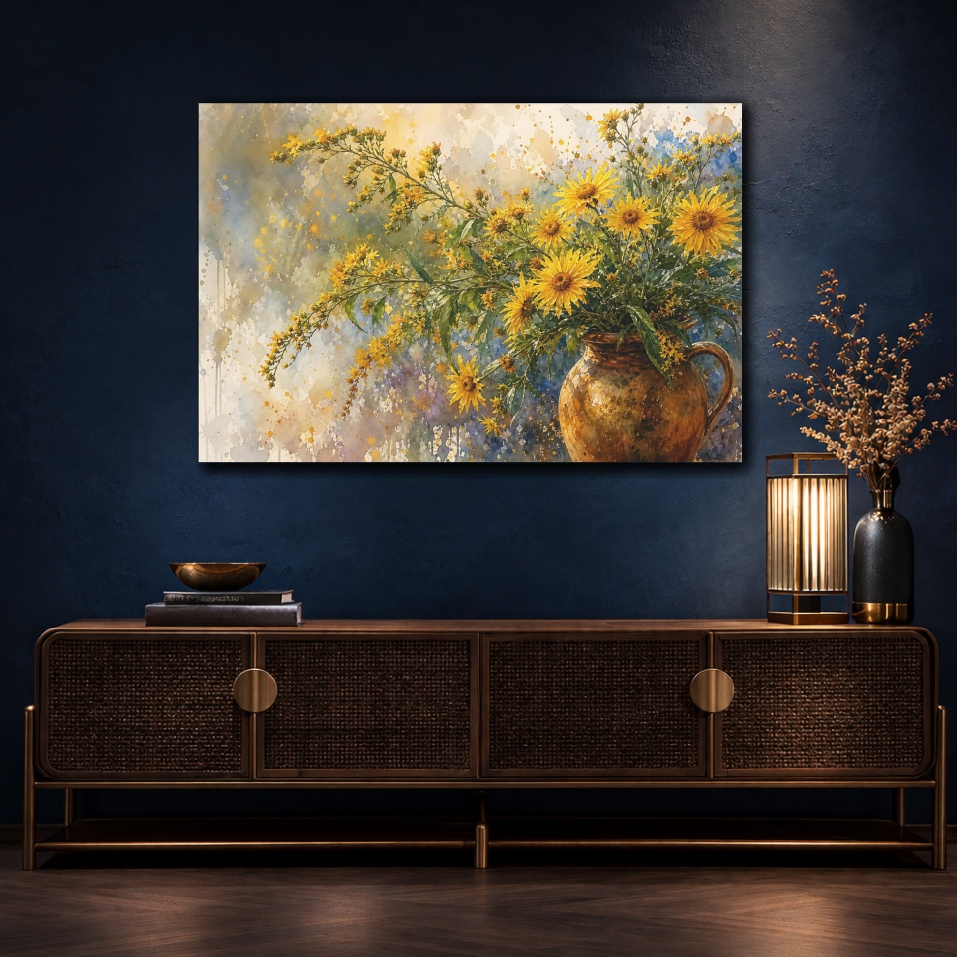 Mockup 4. Loose Watercolor Wash Golden Asters In Earthen Jug Humid Air shown as stretched canvas wall art