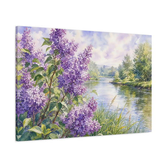 Main Mockup. Loose Watercolor Wash Ivory Lilac Branches Against Riverside Grass shown as stretched canvas wall art