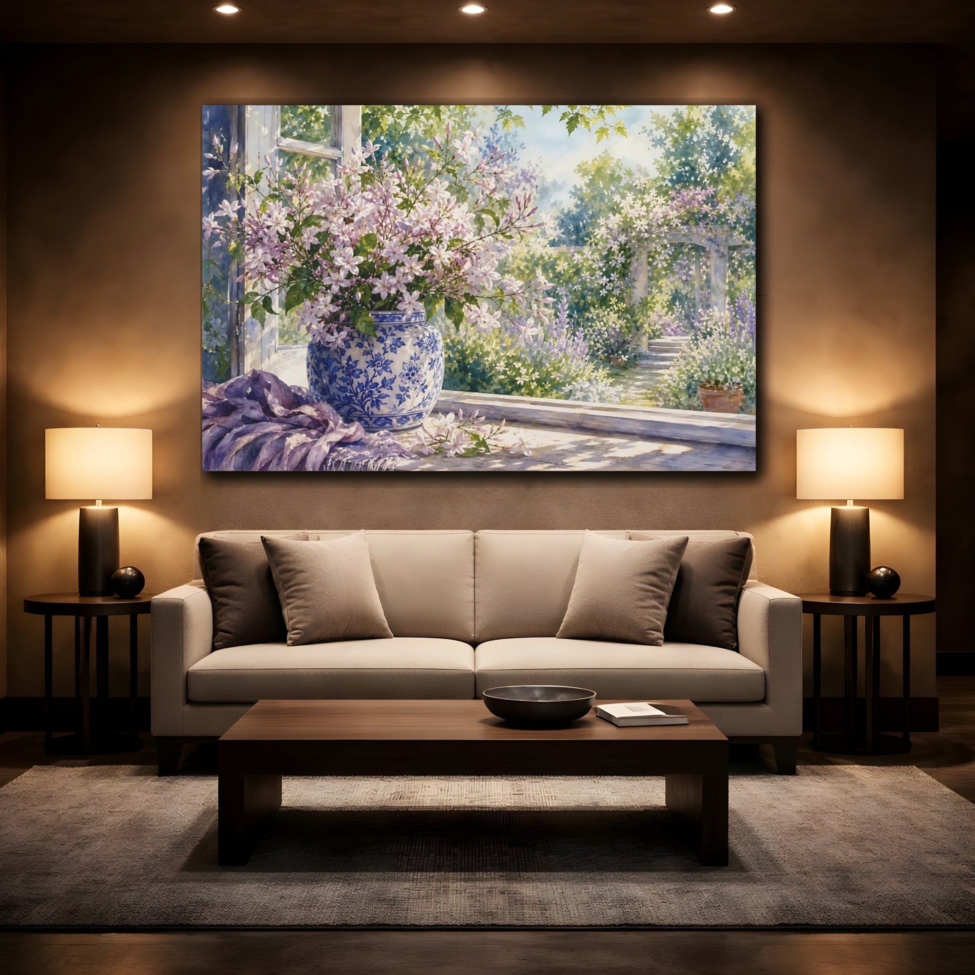 Mockup 2. Loose Watercolor Wash Mauve Jasmine In Blue Patterned Jar Through Window Glow shown as stretched canvas wall art