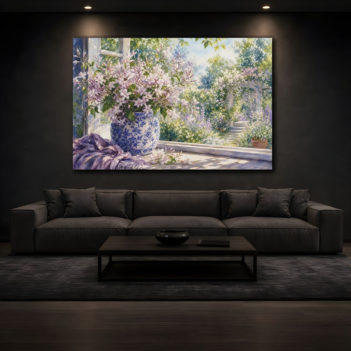 Mockup 3. Loose Watercolor Wash Mauve Jasmine In Blue Patterned Jar Through Window Glow shown as stretched canvas wall art